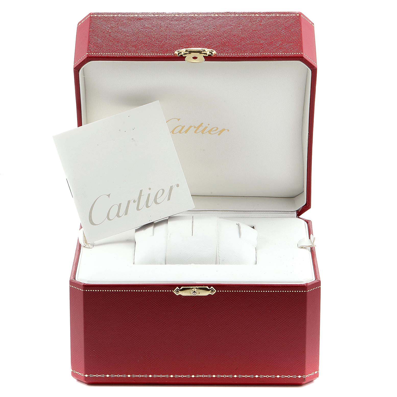 The image shows an open Cartier watch box with a booklet, possibly for the Panthere model, but the watch itself is not visible.