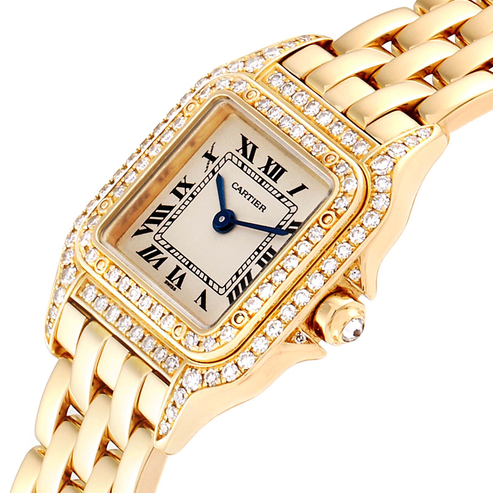 This image shows a close-up of the Cartier Panthere WF3072B9 Women's Yellow Gold Silver Dial WF3072B9 Women's Yellow Gold Silver Dial model watch, highlighting its diamond-studded bezel and bracelet.
