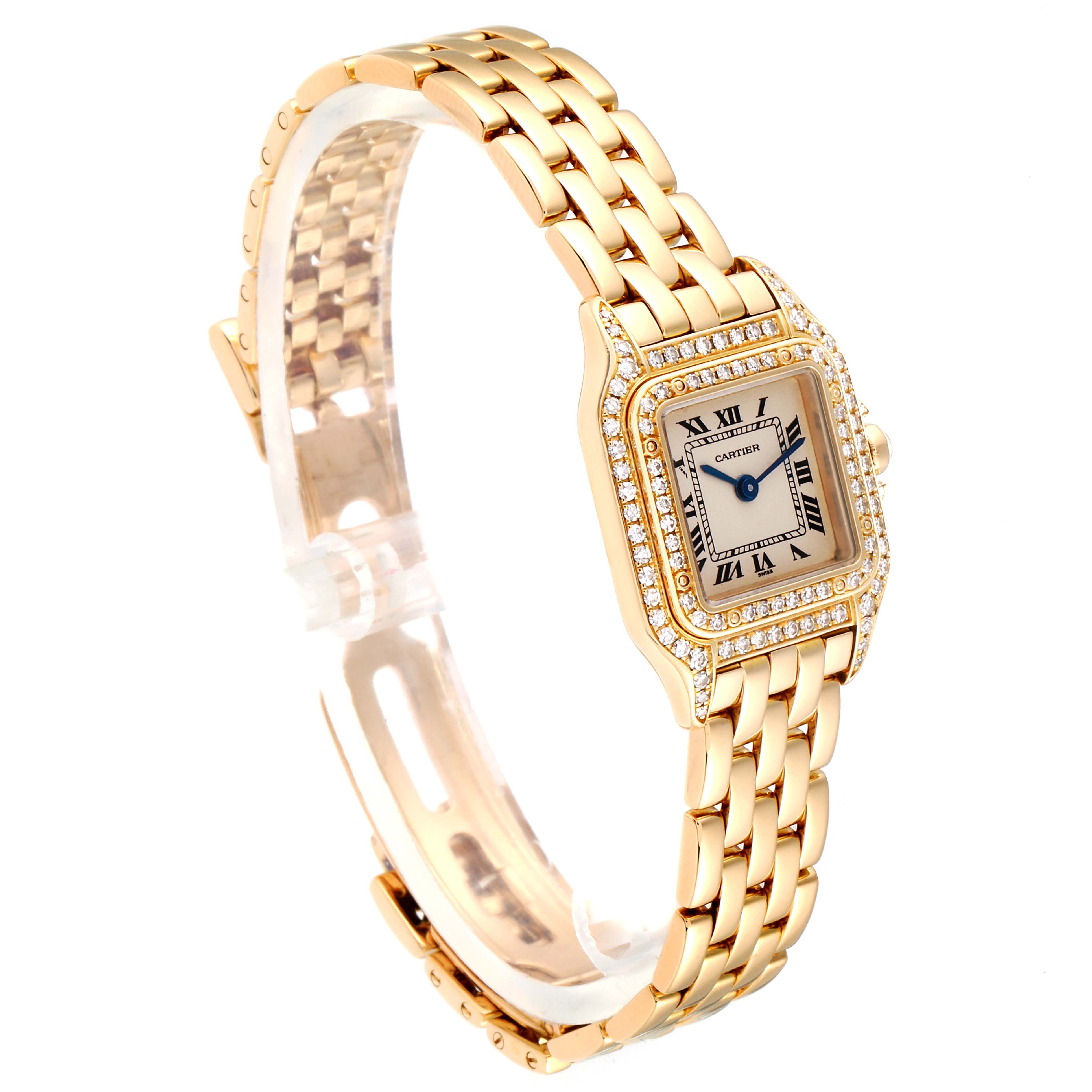 The image shows a Cartier Panthere WF3072B9 Women's Yellow Gold Silver Dial WF3072B9 Women's Yellow Gold Silver Dial model watch at a three-quarter angle, highlighting its gold bracelet and diamond-encrusted bezel.