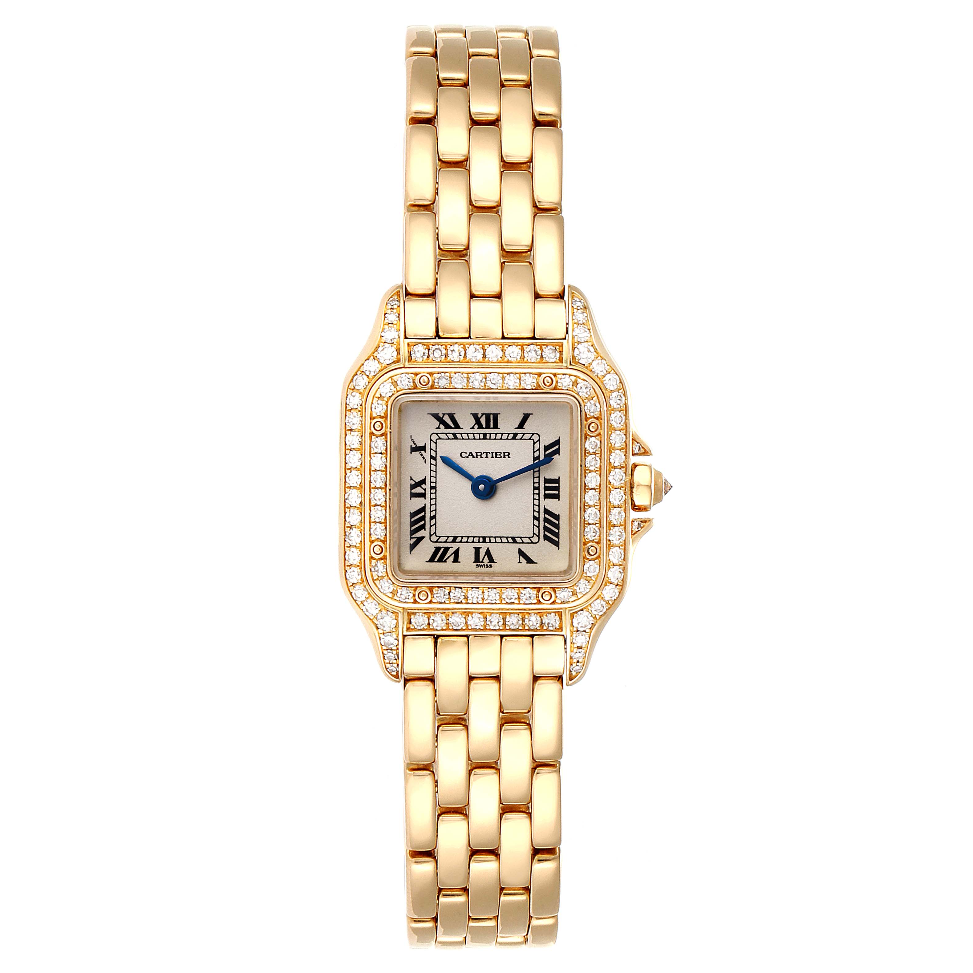 The image shows a front view of a Cartier Panthere WF3072B9 Women's Yellow Gold Silver Dial WF3072B9 Women's Yellow Gold Silver Dial watch, displaying its gold bracelet and diamond-encrusted bezel.