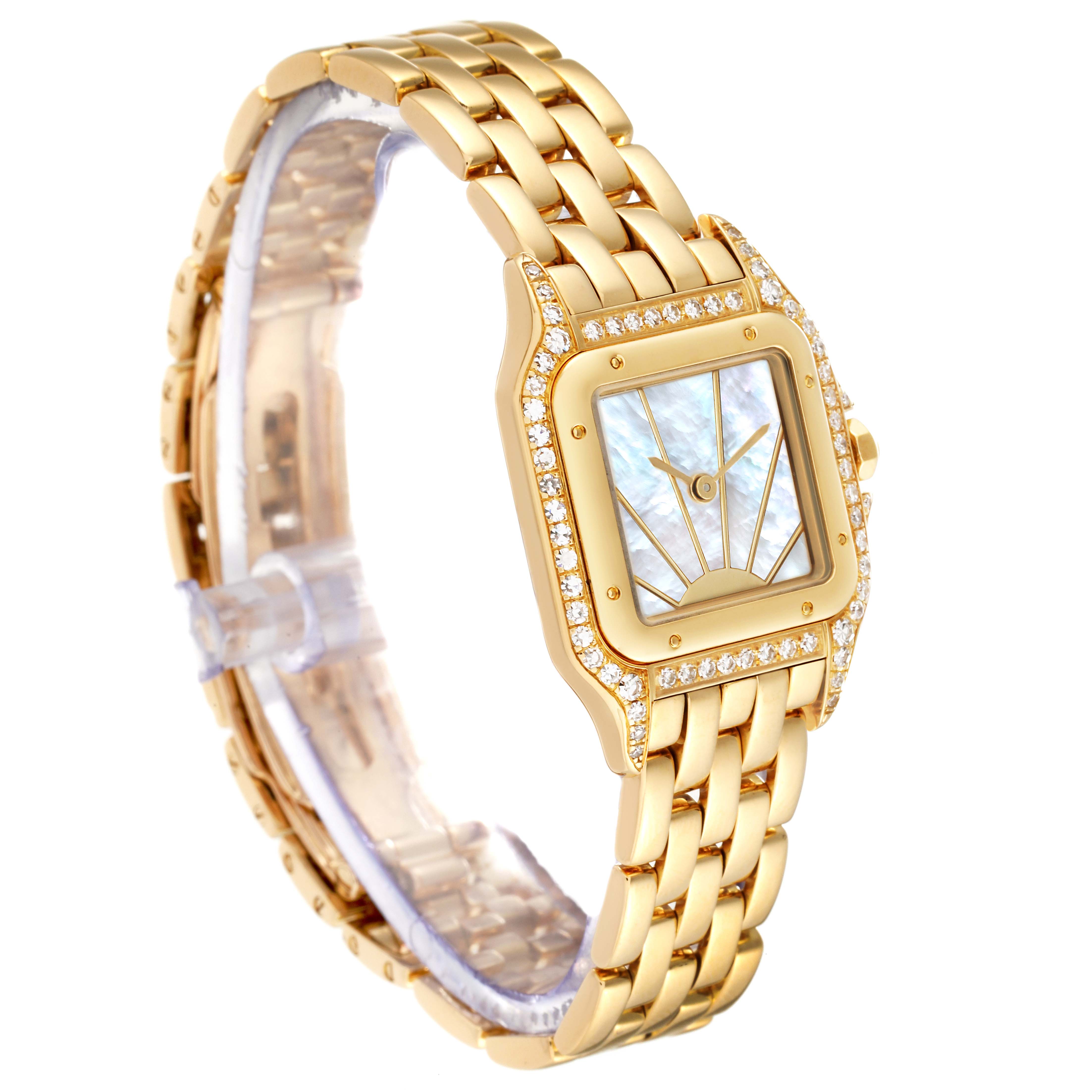 This Cartier Panthere 86691 Women's Yellow Gold Mother of Pearl Dial 86691 Women's Yellow Gold Mother of Pearl Dial watch is shown at a three-quarter angle, highlighting its gold bracelet, diamond-encrusted bezel, and square face.