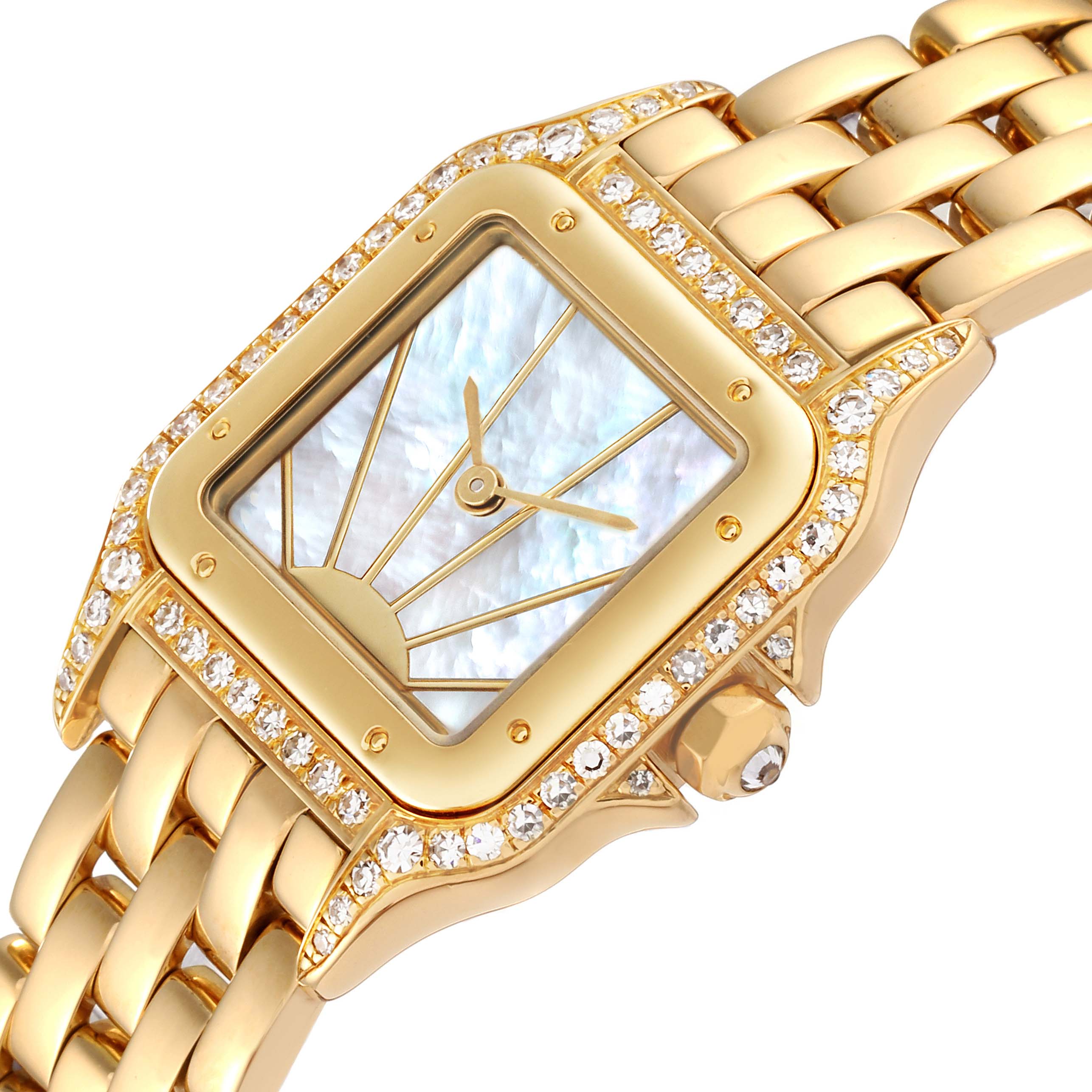 The Cartier Panthere 86691 Women's Yellow Gold Mother of Pearl Dial 86691 Women's Yellow Gold Mother of Pearl Dial watch is shown from an angled close-up, highlighting the face, bezel, and part of the gold bracelet.