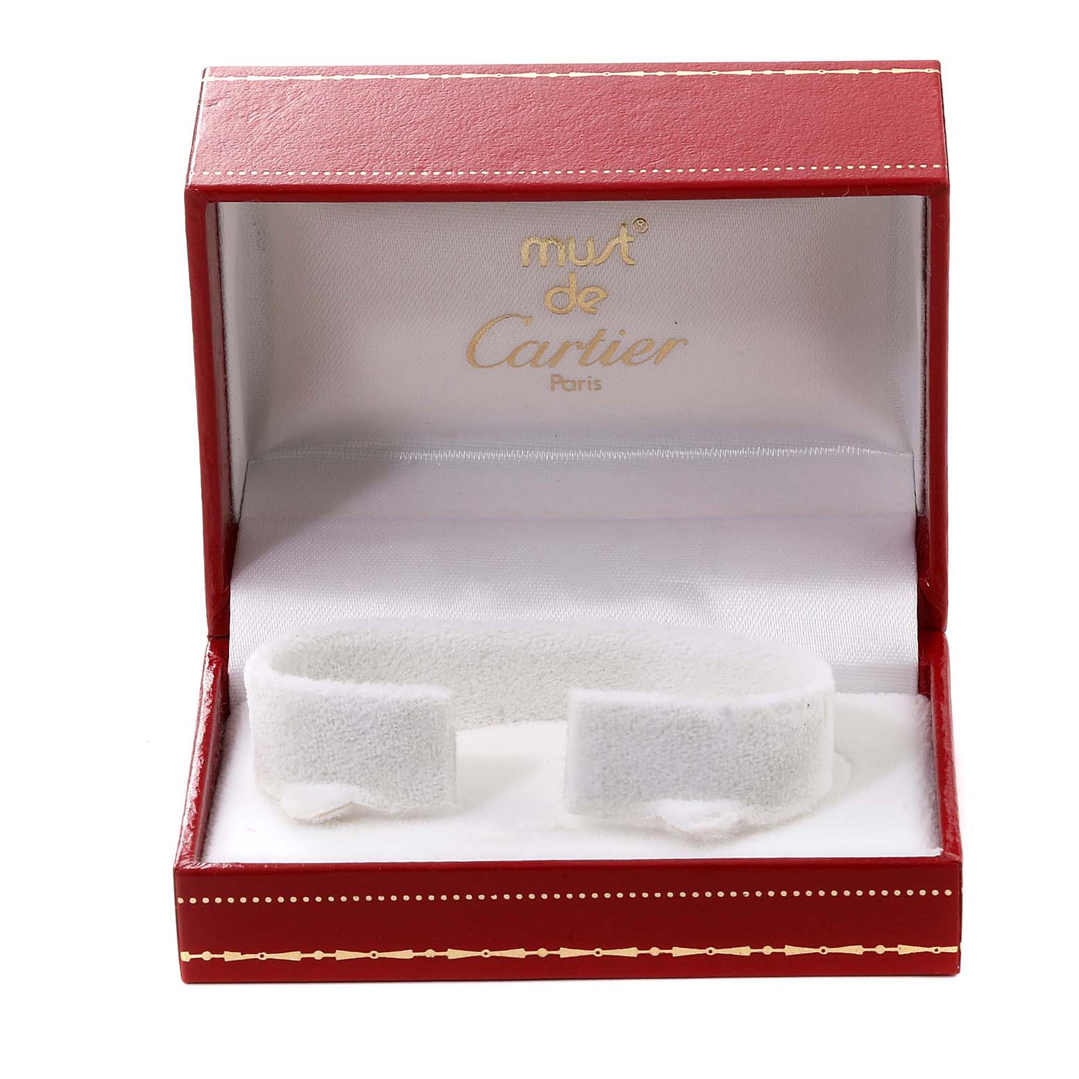 This image shows an empty Cartier Panthere 86691 Women's Yellow Gold Mother of Pearl Dial 86691 Women's Yellow Gold Mother of Pearl Dial watch box with a cushion insert, viewed from the front.
