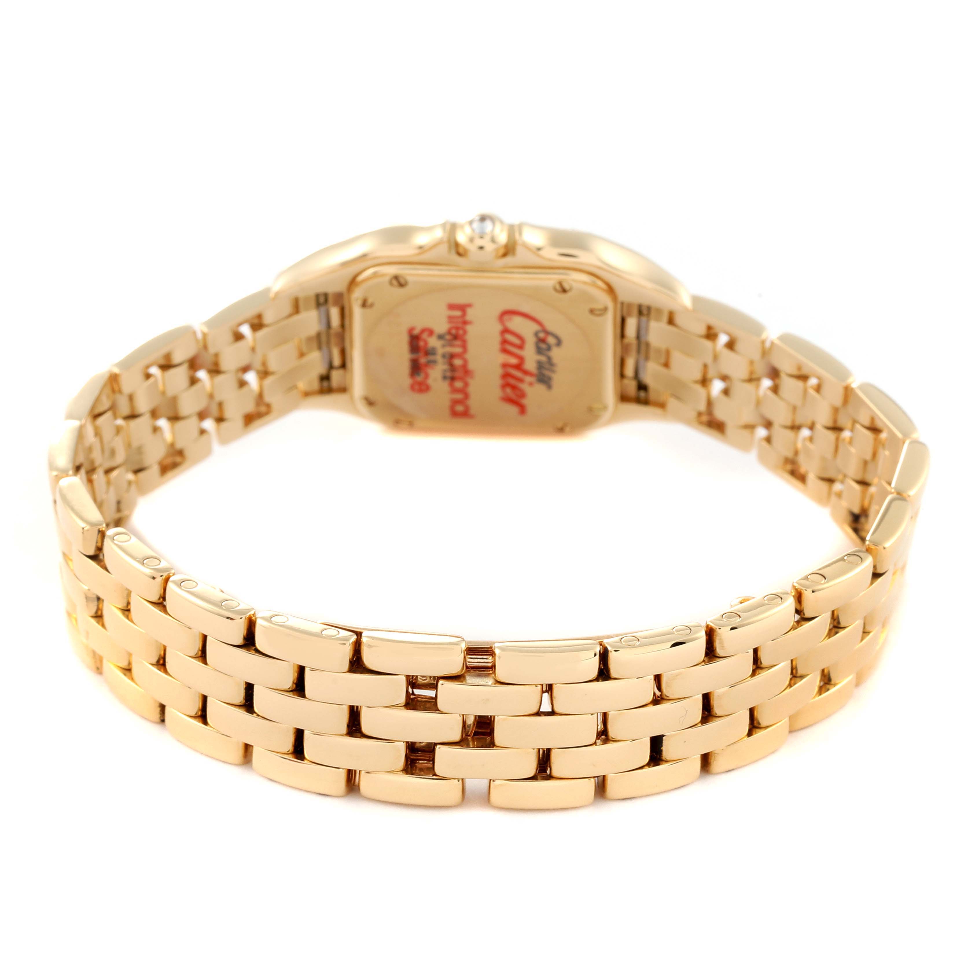 The image shows the back view of the Cartier Panthere 86691 Women's Yellow Gold Mother of Pearl Dial 86691 Women's Yellow Gold Mother of Pearl Dial watch, highlighting its gold bracelet and caseback.