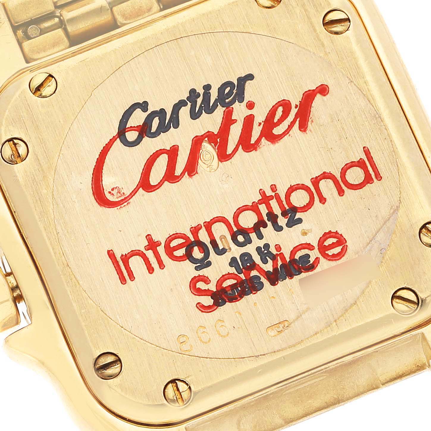 The image shows the back case of a Panthere model watch by Cartier, including the engraved branding and service information.
