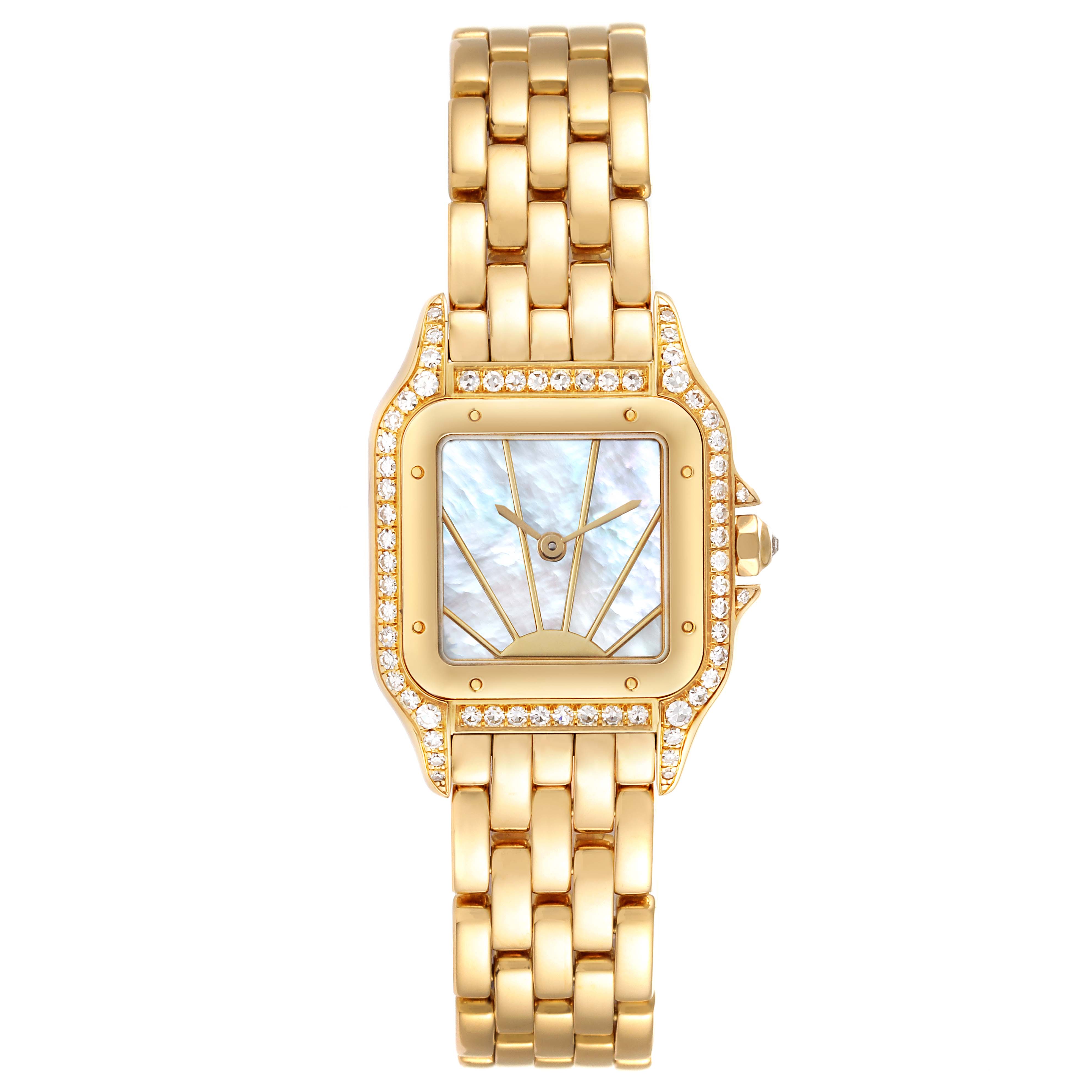 The image shows a front view of the Cartier Panthere 86691 Women's Yellow Gold Mother of Pearl Dial 86691 Women's Yellow Gold Mother of Pearl Dial model watch, showcasing the dial, case, and linked bracelet.