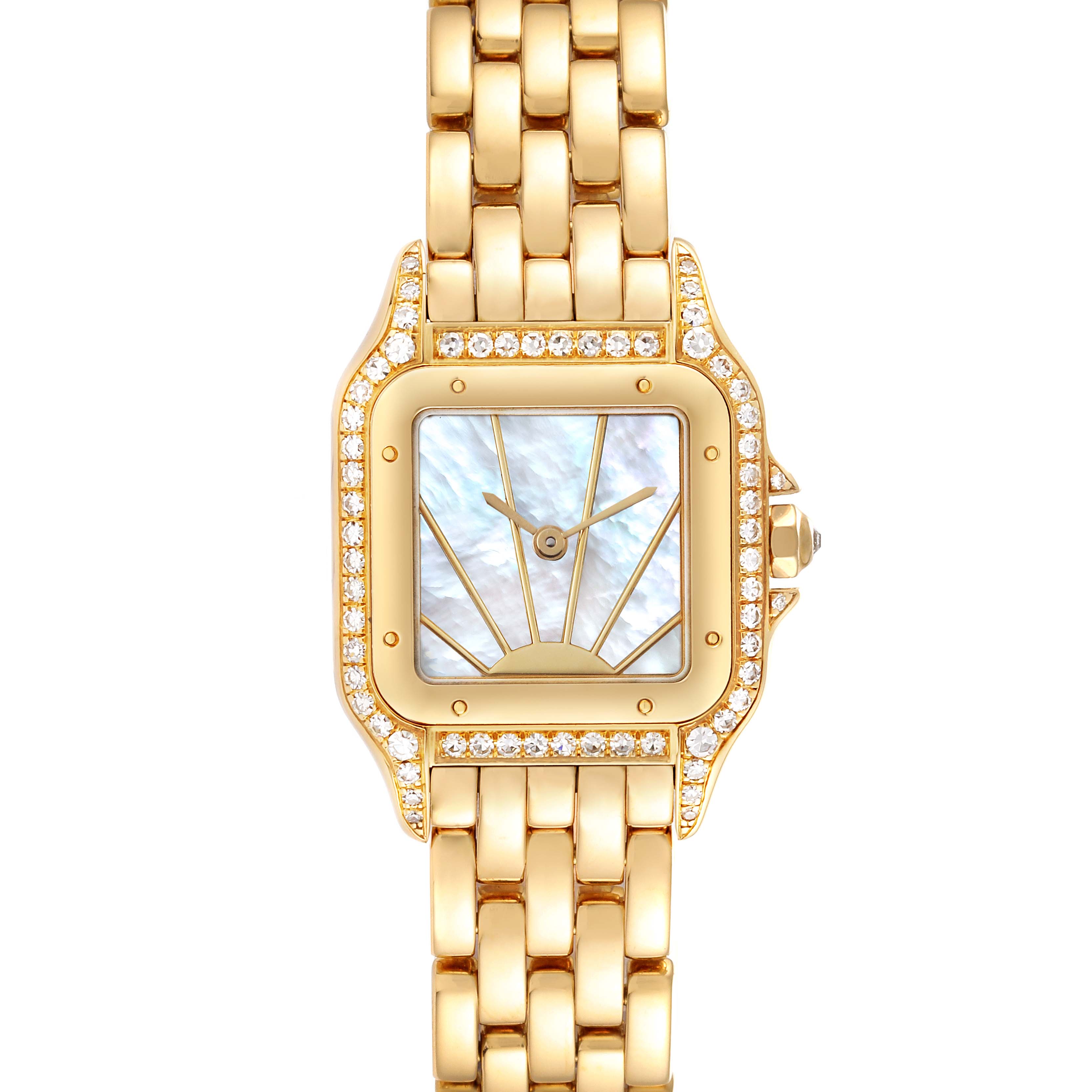 This is a top-down view of a Cartier Panthere 86691 Women's Yellow Gold Mother of Pearl Dial 86691 Women's Yellow Gold Mother of Pearl Dial model watch, showing its gold bracelet, diamond-encrusted bezel, and face.