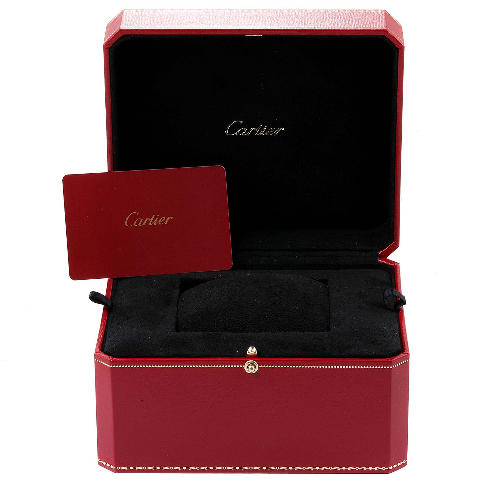 The image shows an open Cartier Panthere WSPN0007 Men's Stainless Steel Silver Dial WSPN0007 Men's Stainless Steel Silver Dial watch box with a red card bearing the Cartier logo inside.