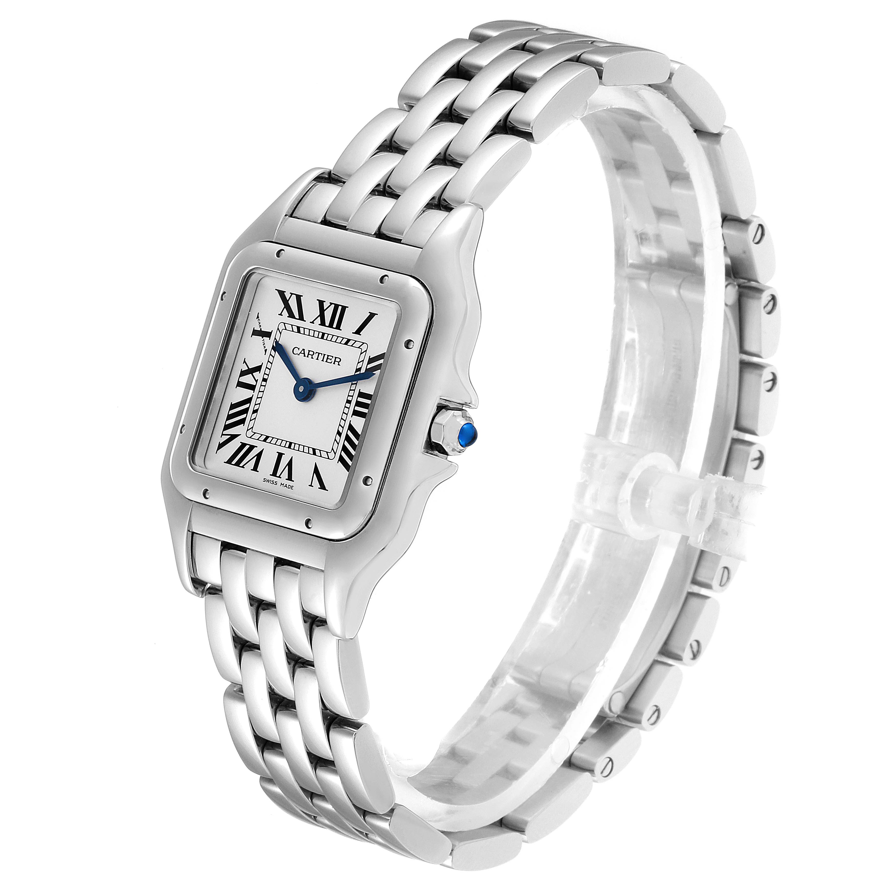 This image shows a Cartier Panthere WSPN0007 Men's Stainless Steel Silver Dial WSPN0007 Men's Stainless Steel Silver Dial watch at a three-quarter angle, highlighting the face, case, and bracelet.