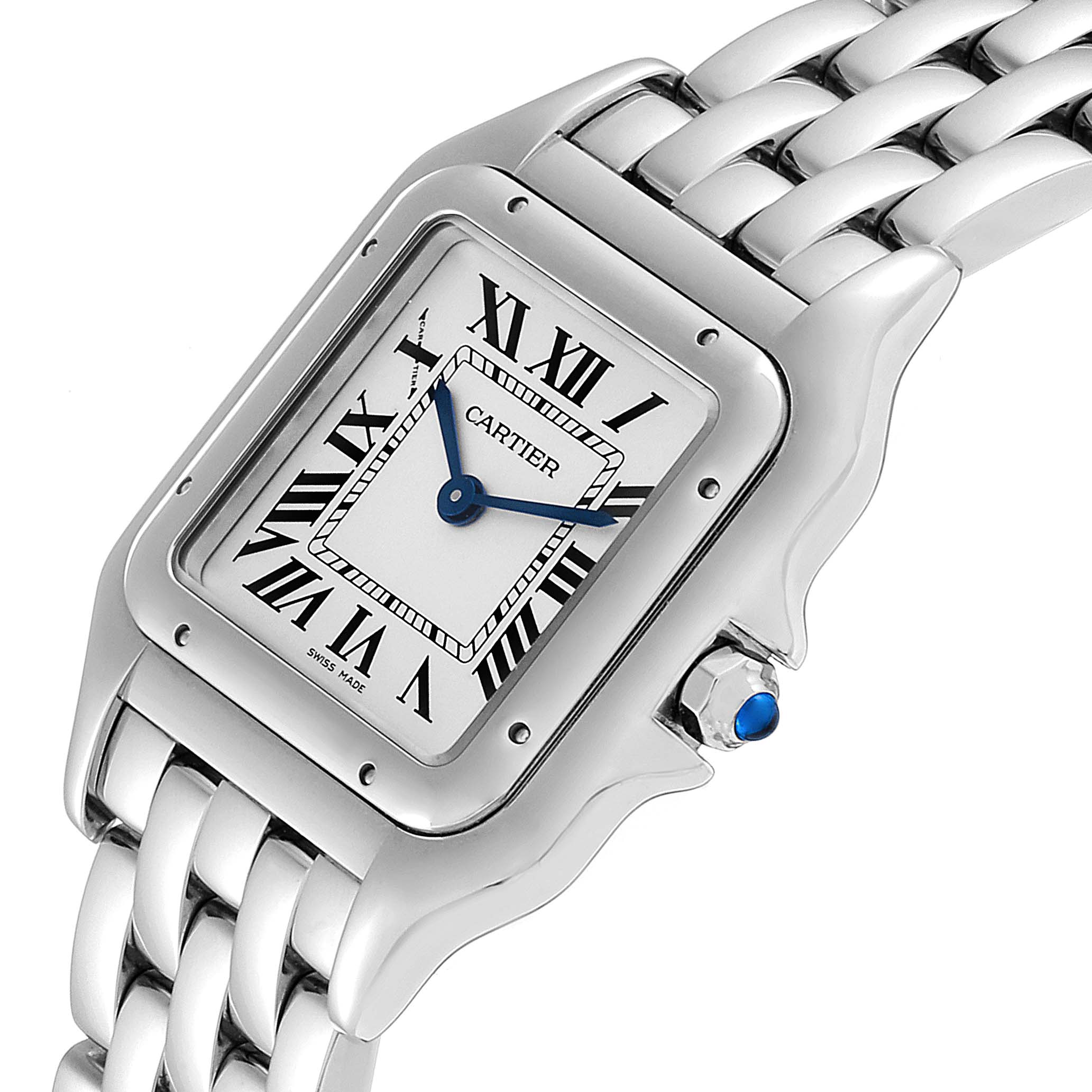 The image shows a Cartier Panthere WSPN0007 Men's Stainless Steel Silver Dial WSPN0007 Men's Stainless Steel Silver Dial model watch from an angled top view, highlighting the face and part of the metal bracelet.