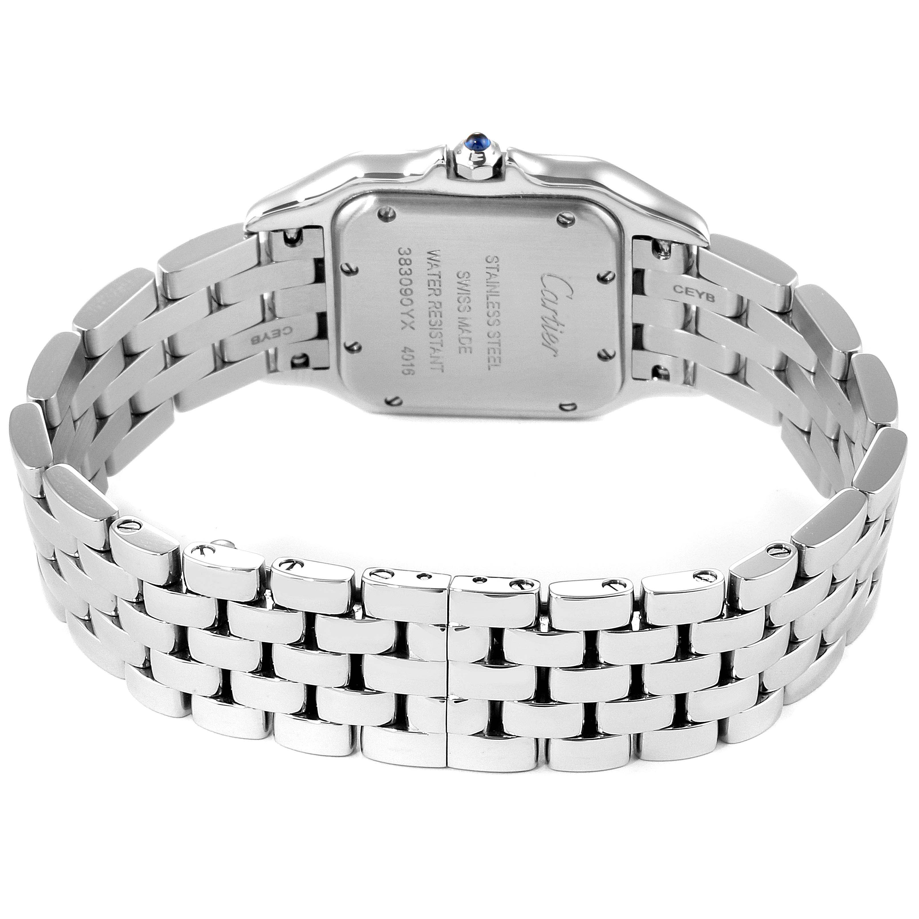 This image shows the back view of a Cartier Panthere WSPN0007 Men's Stainless Steel Silver Dial WSPN0007 Men's Stainless Steel Silver Dial model watch, highlighting the stainless steel case and bracelet.