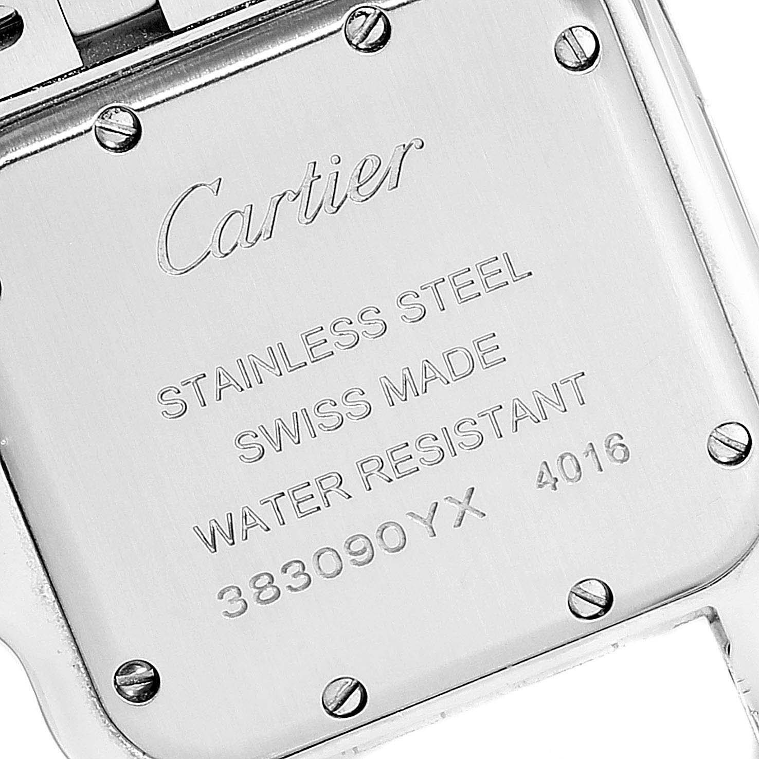 The image shows the back case of the Panthère de Cartier watch, highlighting its branding, material, and specifications.