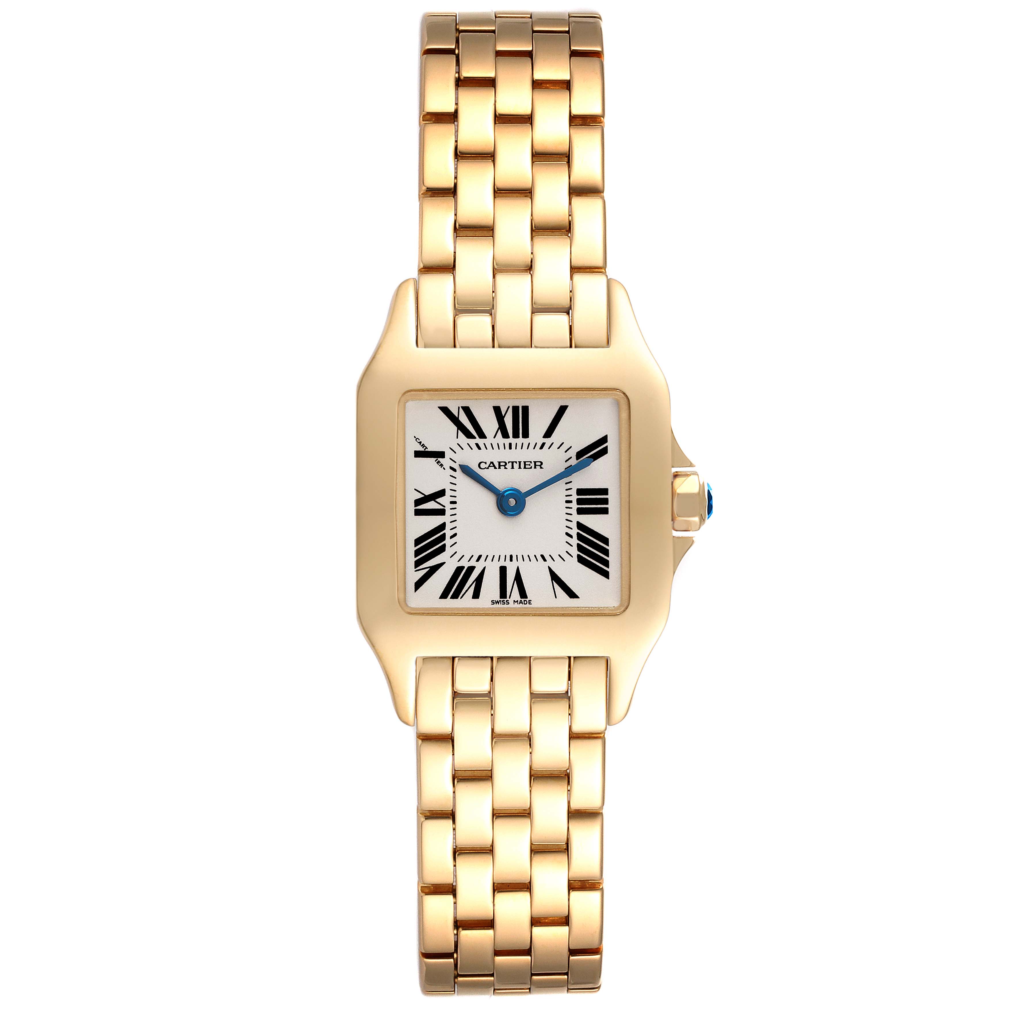 The image shows a front view of the Cartier Santos Demoiselle W25063X9 Women
s Yellow Gold Silver Dial W25063X9 Women
s Yellow Gold Silver Dial watch, displaying its gold bracelet and square dial with Roman numerals.