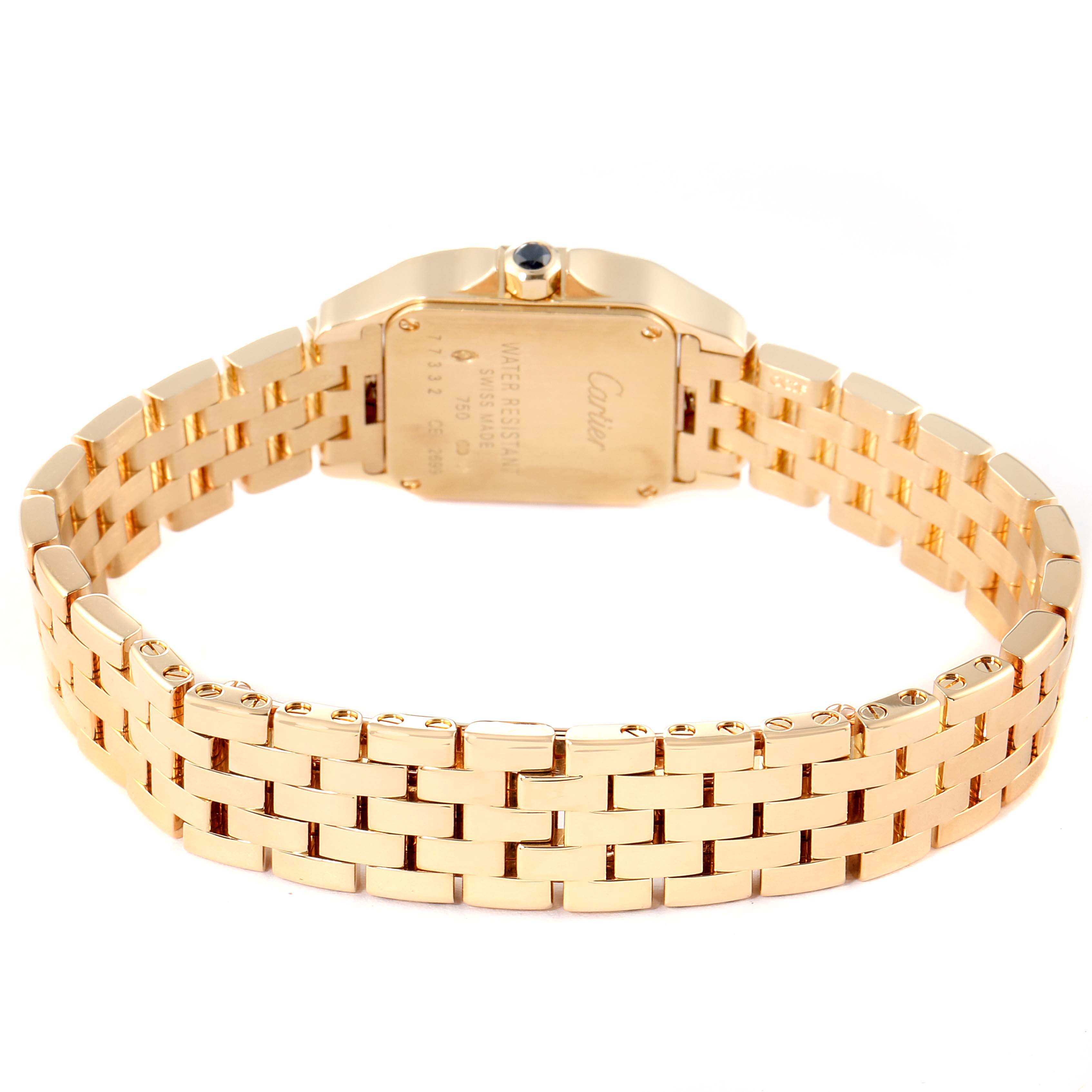 The image shows the back view of a Cartier Santos Demoiselle W25063X9 Women
s Yellow Gold Silver Dial W25063X9 Women
s Yellow Gold Silver Dial watch, highlighting the gold bracelet and case back.