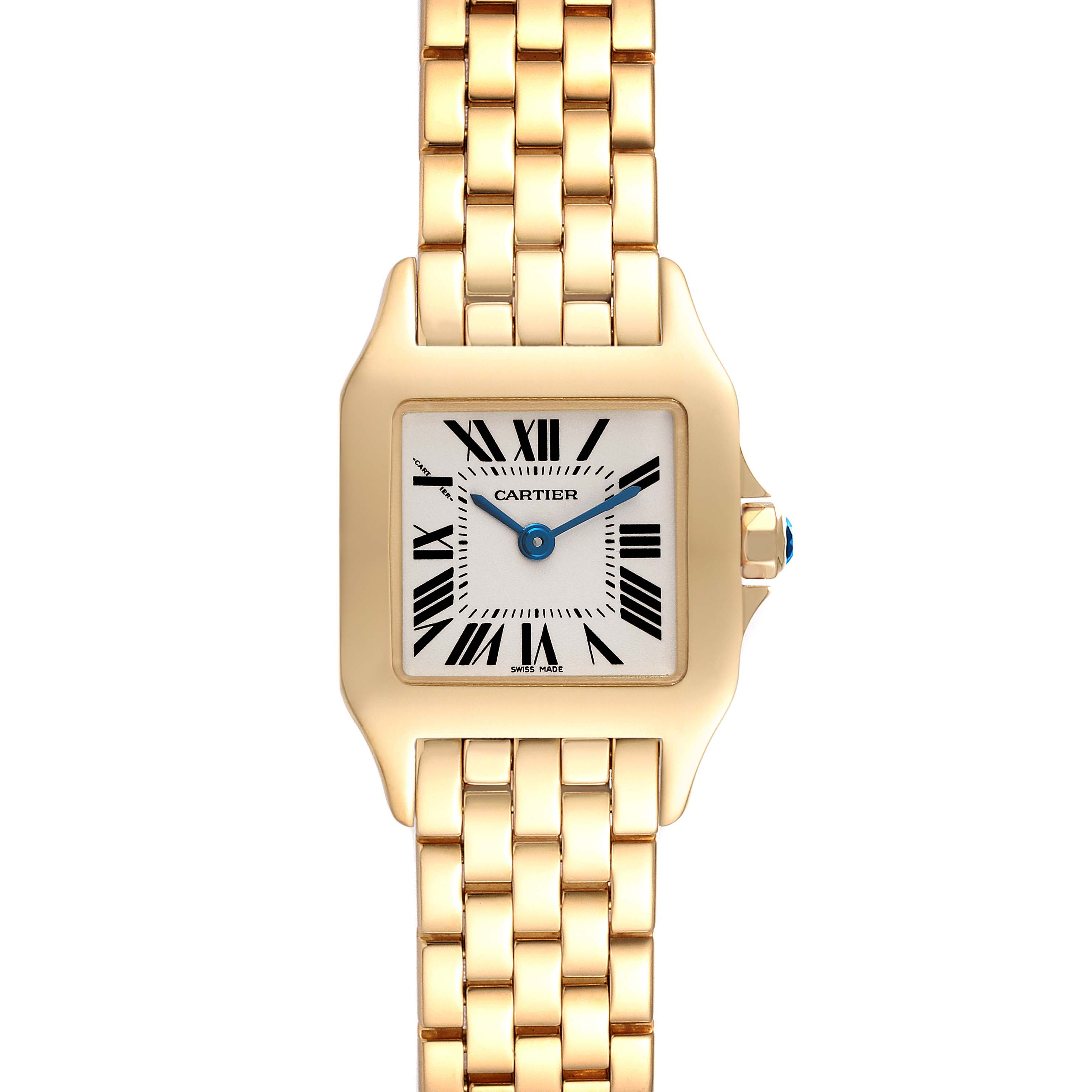 This is a front view of the Cartier Santos Demoiselle W25063X9 Women
s Yellow Gold Silver Dial W25063X9 Women
s Yellow Gold Silver Dial watch showing its face, roman numeral markers, and linked gold bracelet.