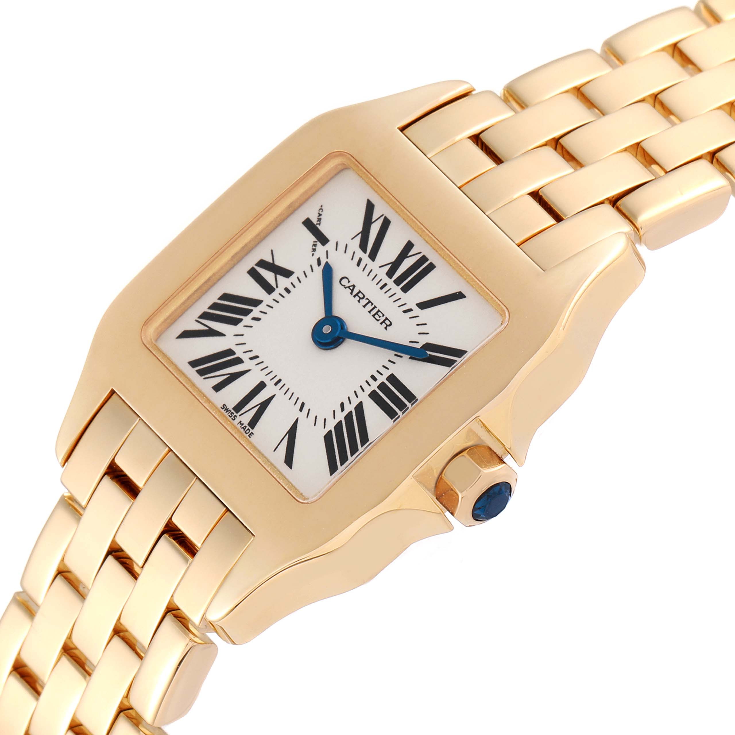 The image shows a close-up, angled view of the dial and part of the gold bracelet of the Cartier Santos Demoiselle W25063X9 Women
s Yellow Gold Silver Dial W25063X9 Women
s Yellow Gold Silver Dial watch.