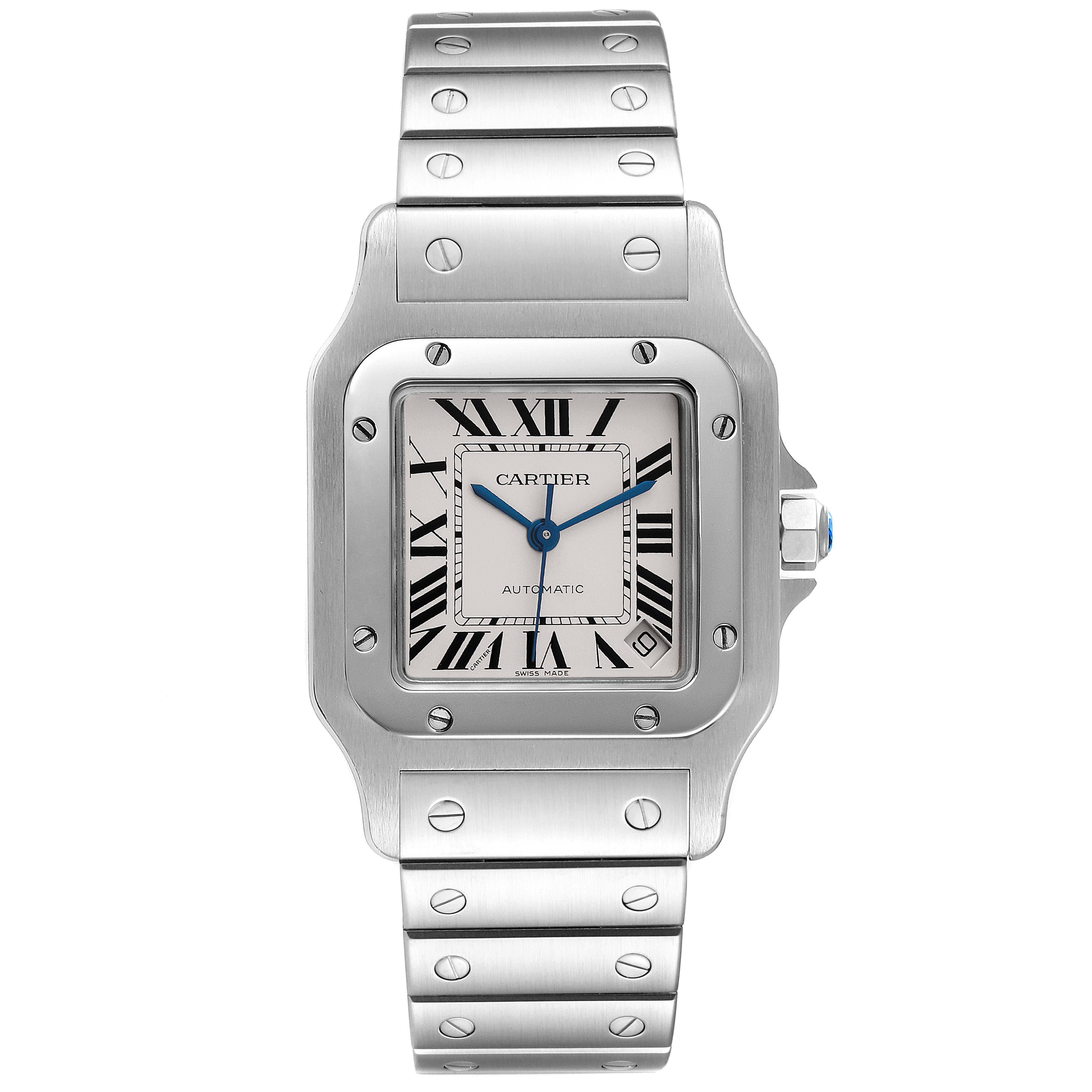 The image shows a front view of the Cartier Santos W20098D6 Men
s Stainless Steel Silver Dial W20098D6 Men
s Stainless Steel Silver Dial watch, displaying its stainless steel case, bracelet, and dial with Roman numerals.
