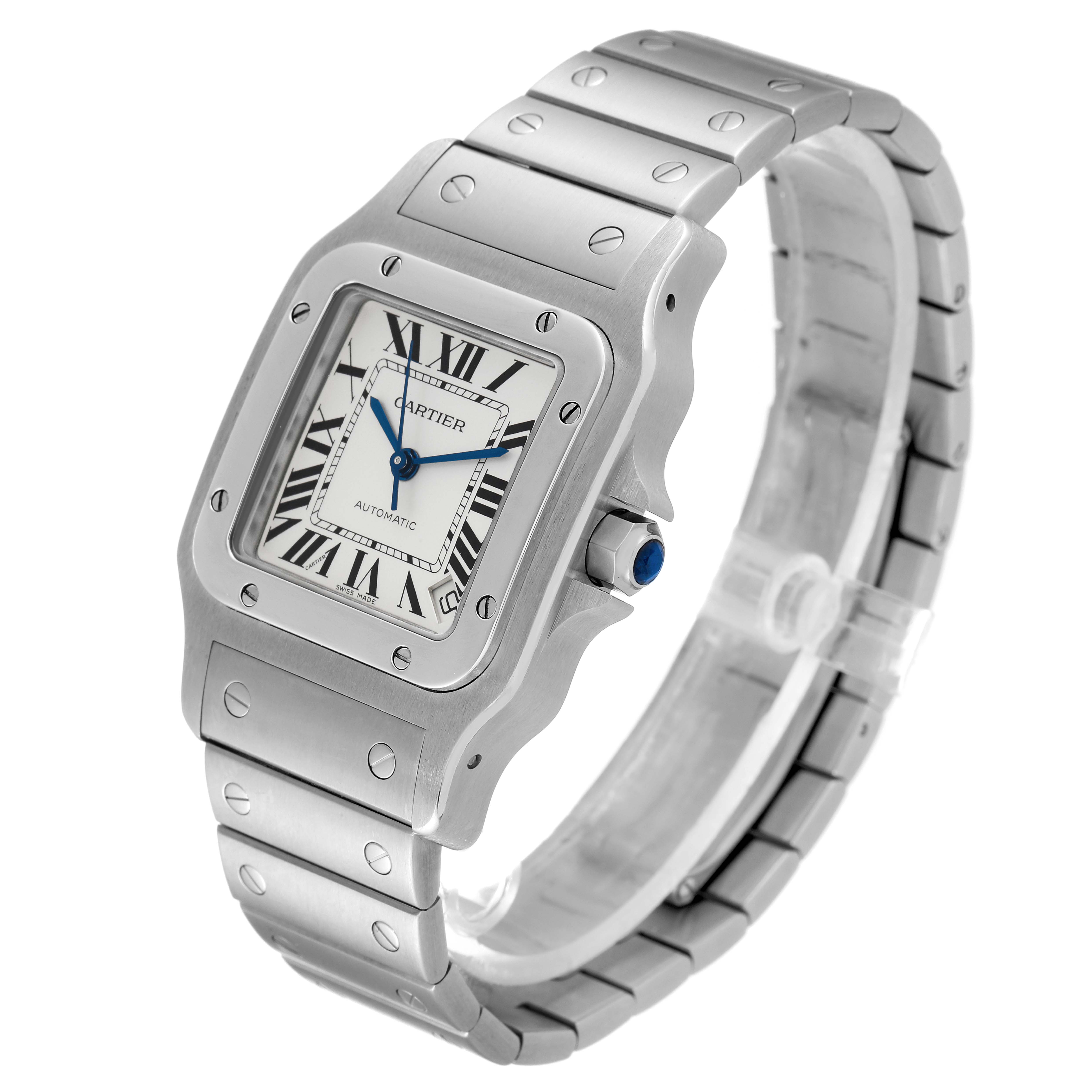 The image shows a Cartier Santos W20098D6 Men
s Stainless Steel Silver Dial W20098D6 Men
s Stainless Steel Silver Dial watch at an angled view, displaying its face, bezel, crown, and part of the bracelet.