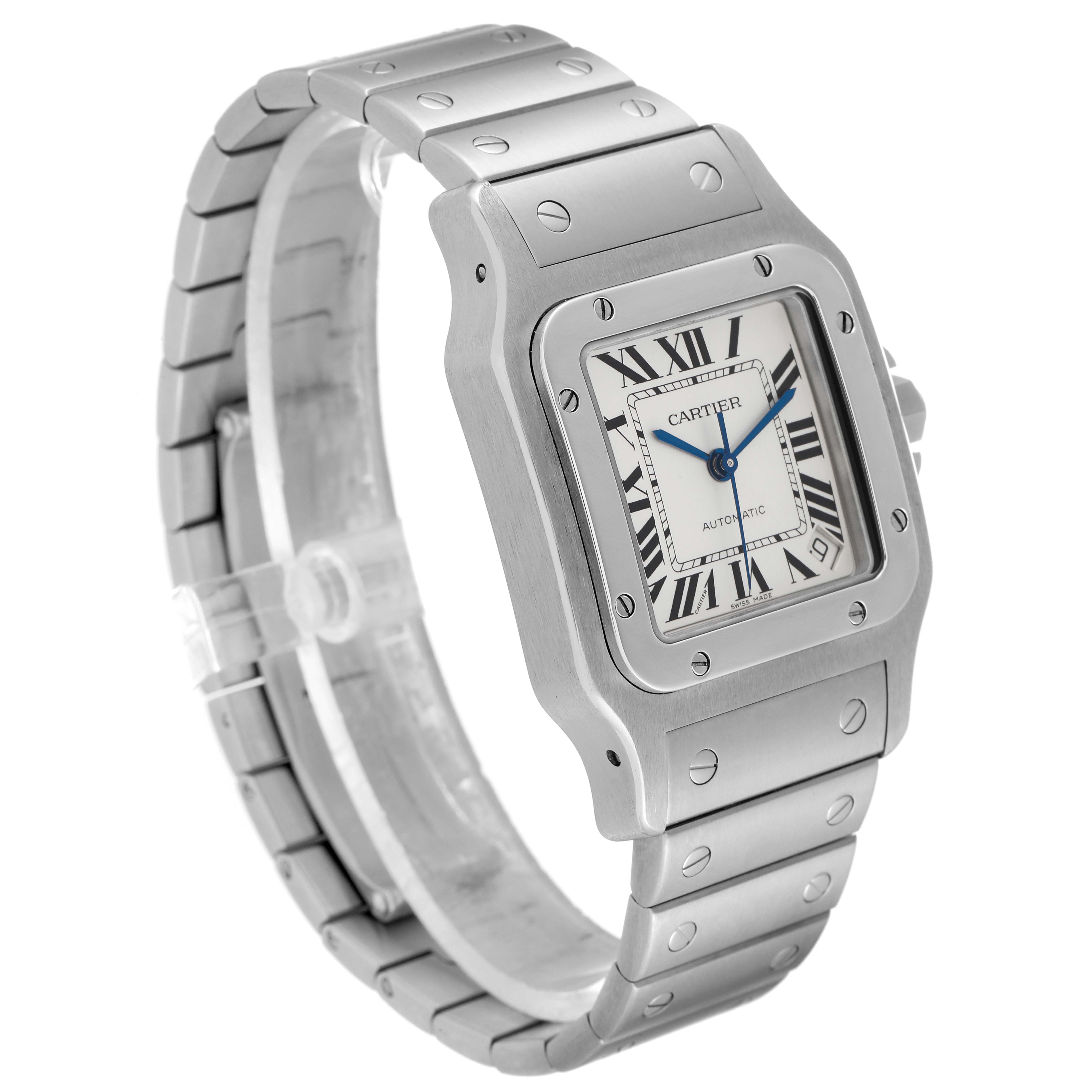 This image shows a Santos by Cartier watch at a three-quarter angle, highlighting its face, bezel, and bracelet.