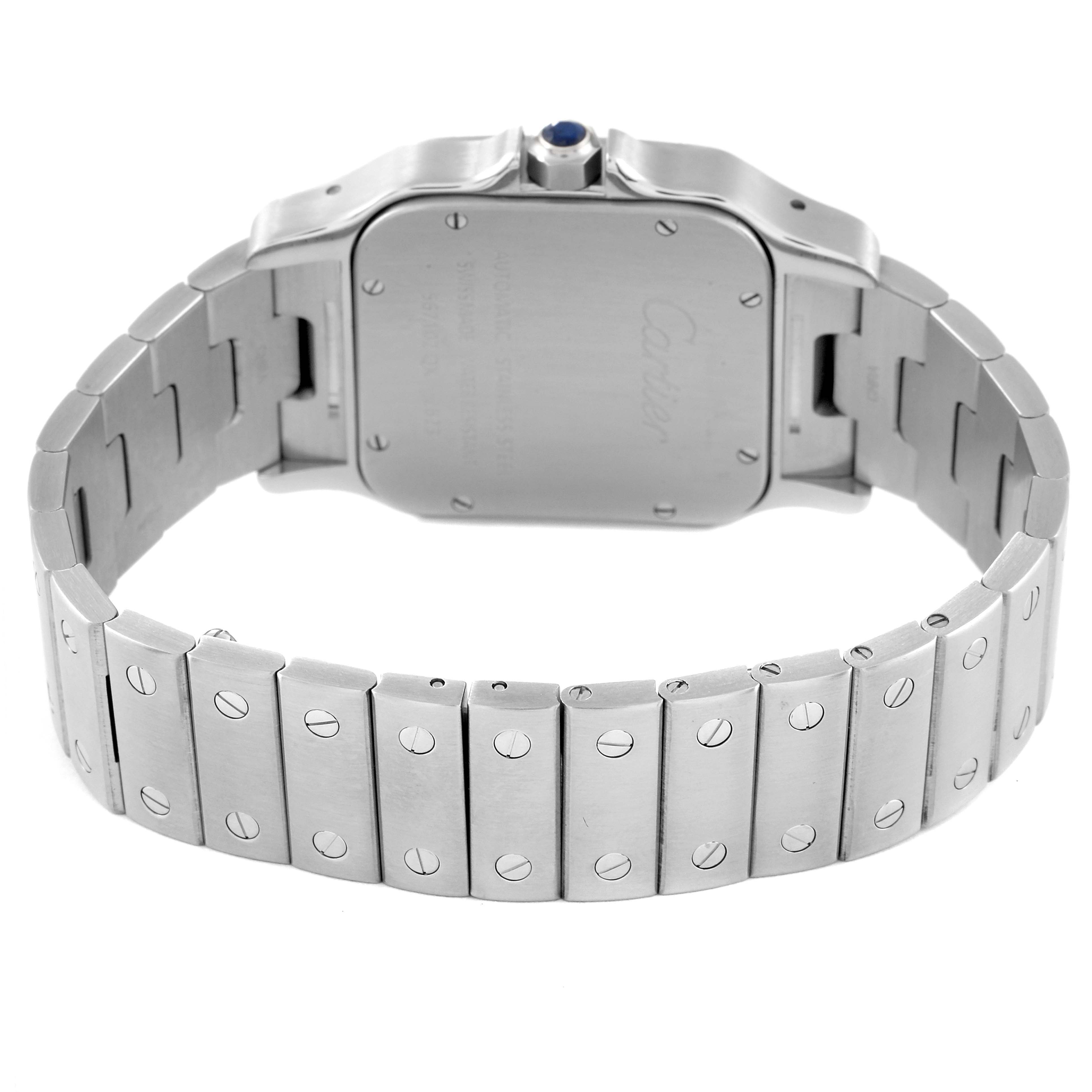 The image shows the back view of the Cartier Santos W20098D6 Men
s Stainless Steel Silver Dial W20098D6 Men
s Stainless Steel Silver Dial watch, highlighting the case back and metal bracelet with screws.