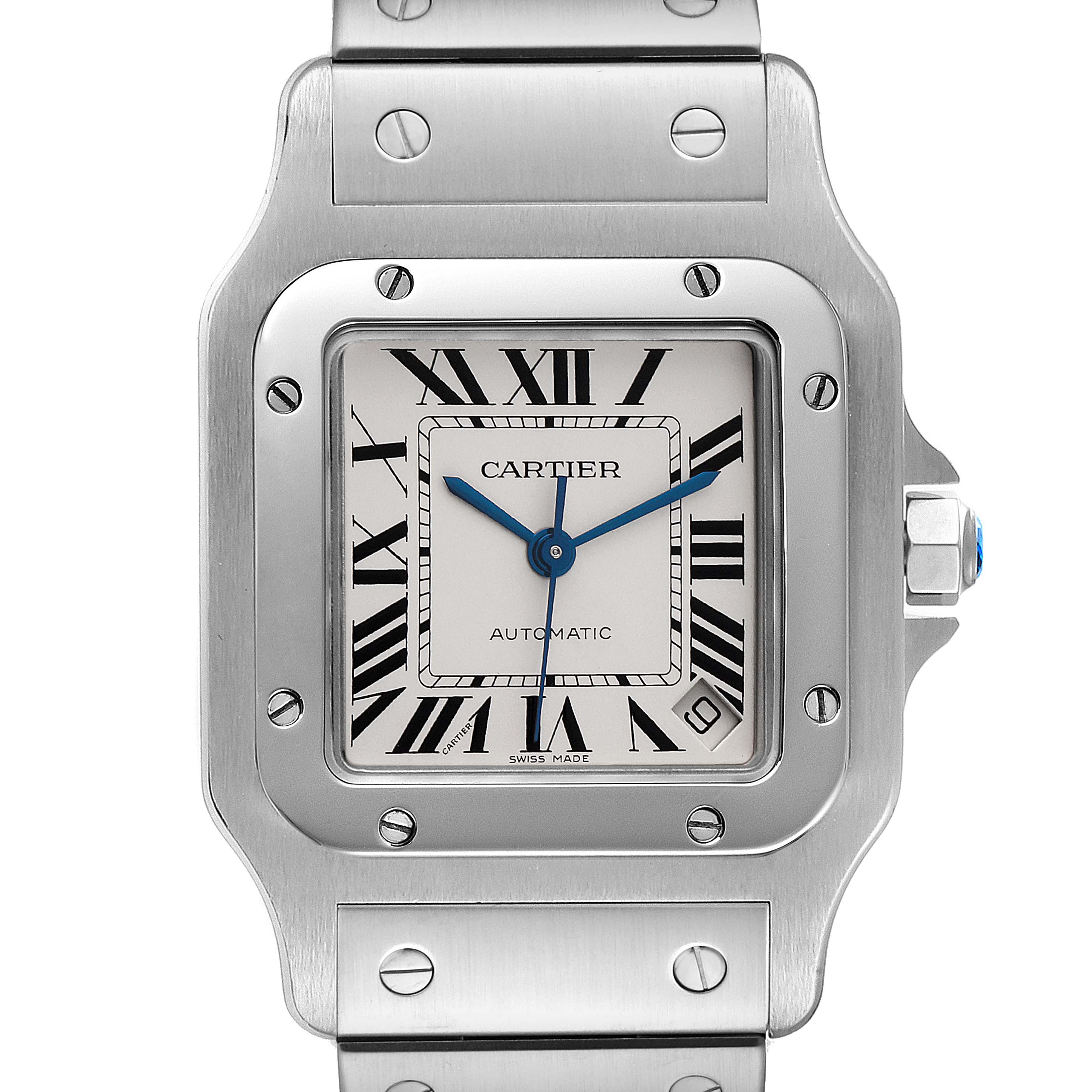This image shows a front view of the Cartier Santos W20098D6 Men
s Stainless Steel Silver Dial W20098D6 Men
s Stainless Steel Silver Dial watch, displaying the dial, case, bezel, and part of the bracelet.