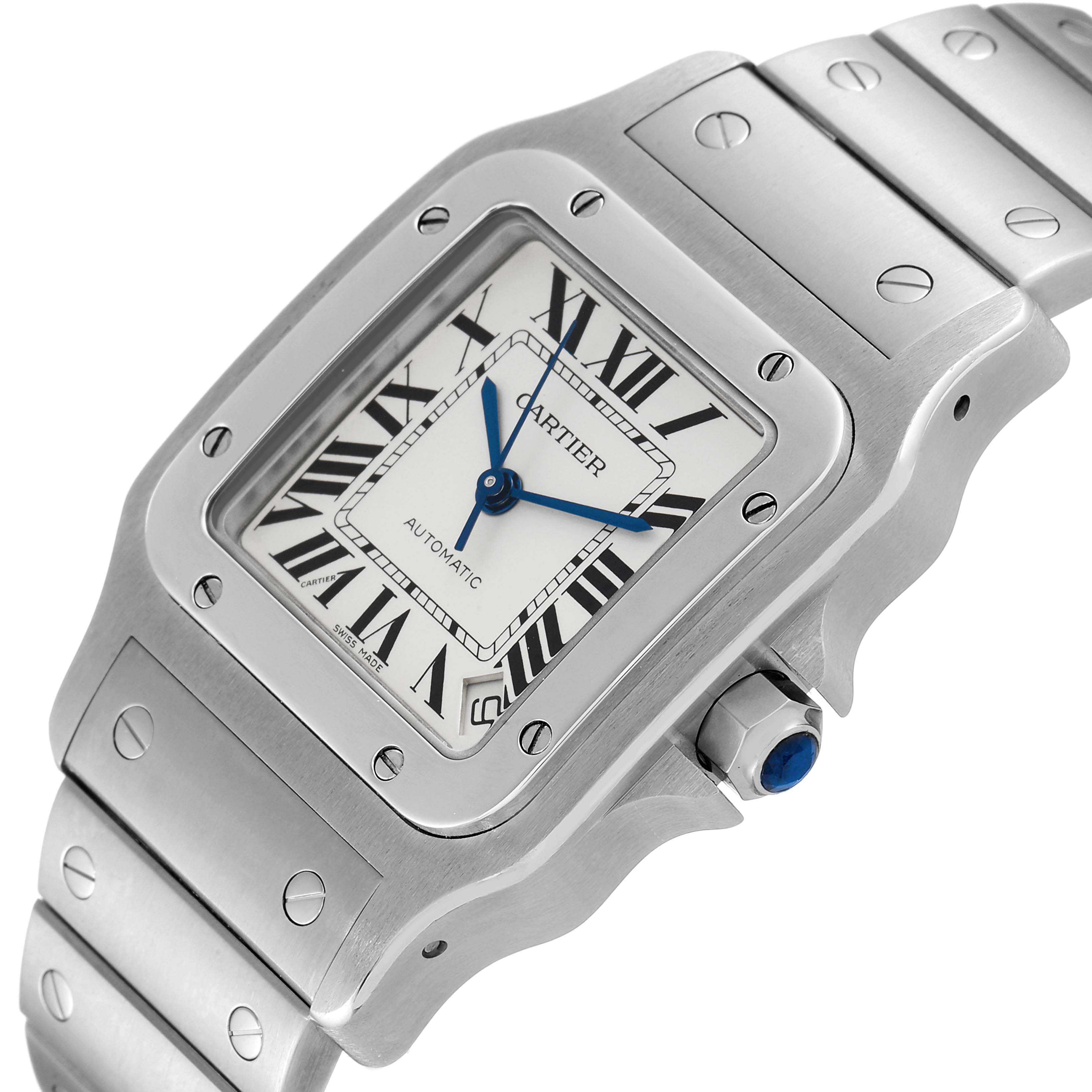 This is a close-up, angled view of the Cartier Santos W20098D6 Men
s Stainless Steel Silver Dial W20098D6 Men
s Stainless Steel Silver Dial watch, showcasing the dial, bezel, crown, and part of the bracelet.