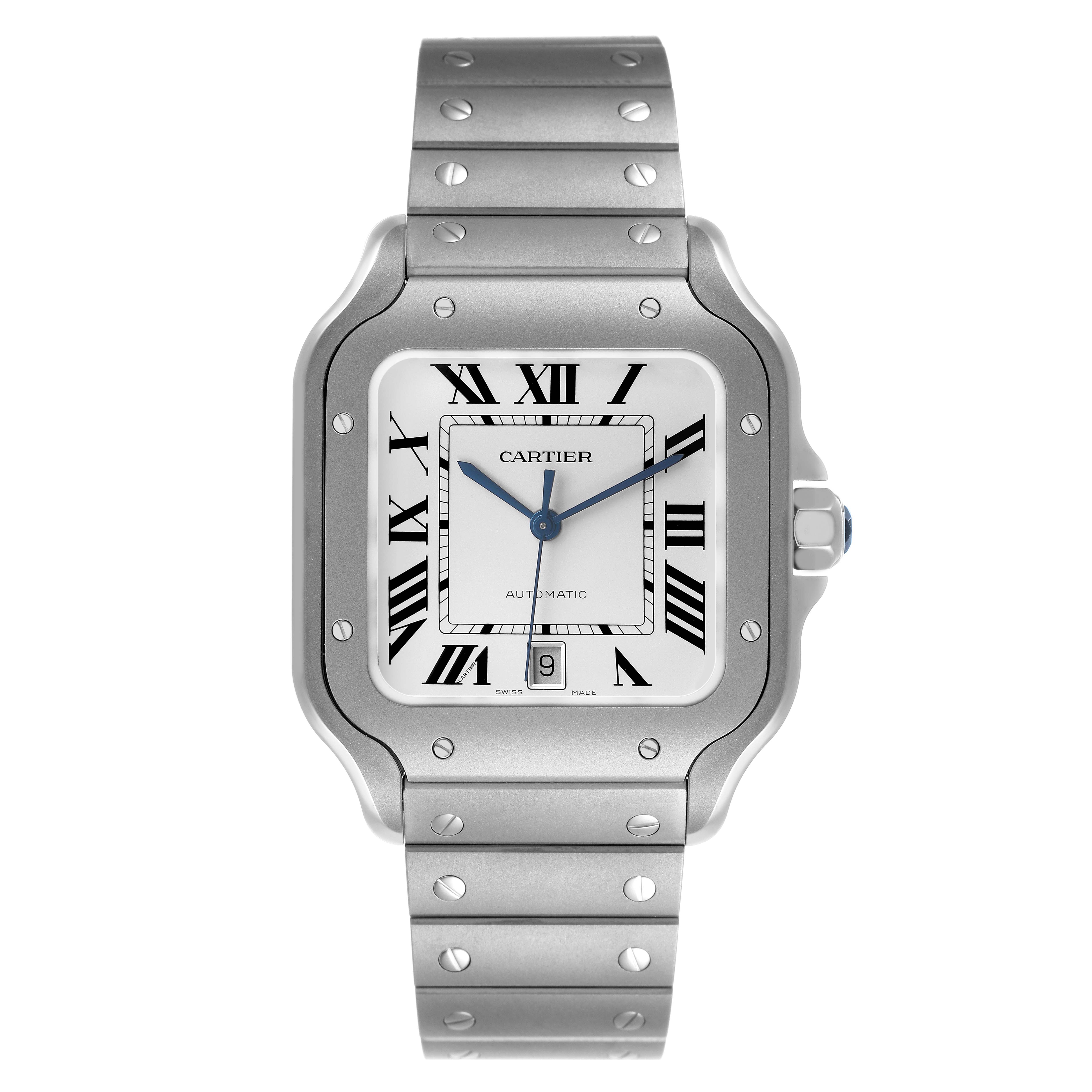 The Cartier Santos WSSA0089 Men's Titanium Silver Dial watch is shown from a front angle, highlighting the face, bezel, and bracelet.