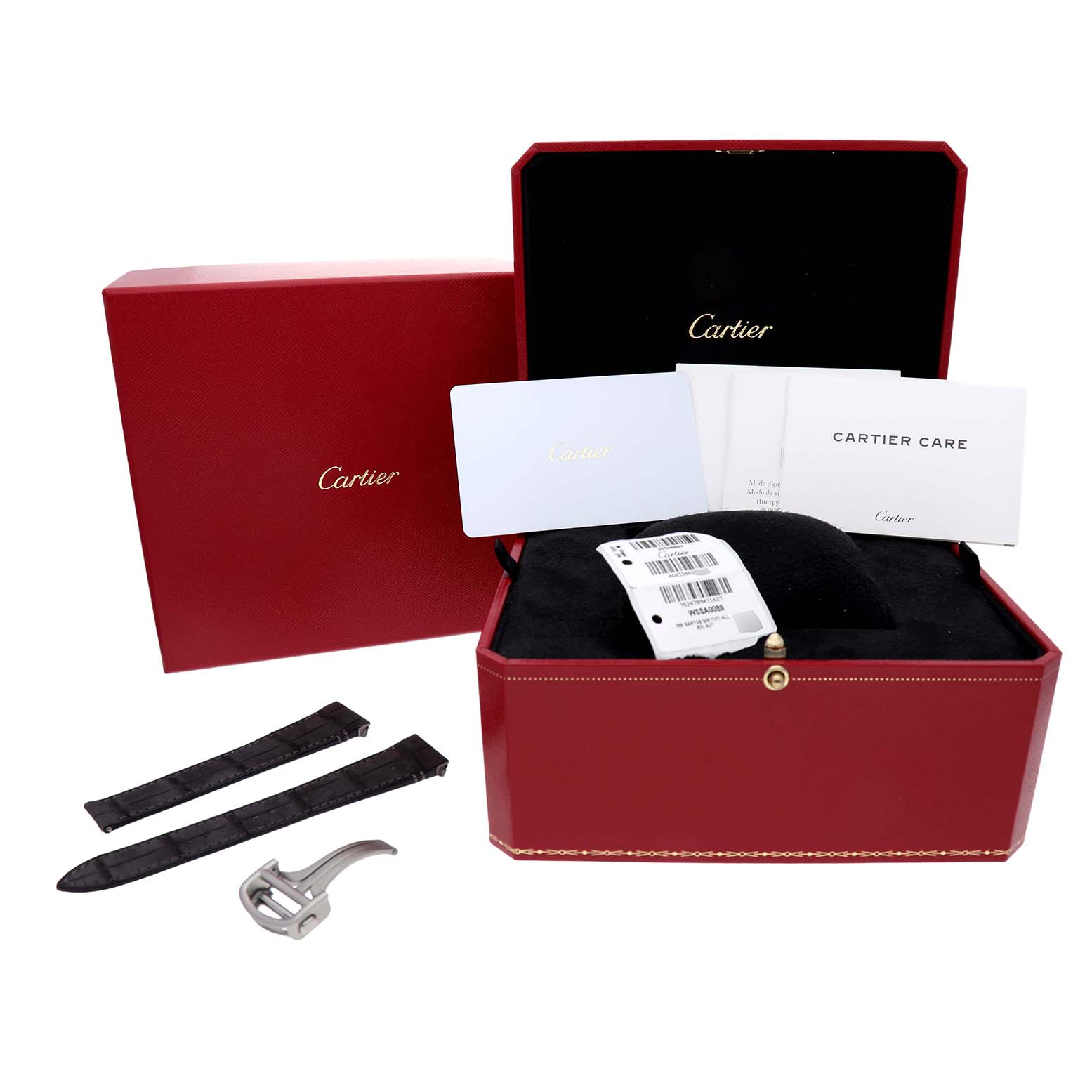 The image shows a top view of accessories for the Cartier Santos WSSA0089 Men's Titanium Silver Dial watch, including straps, a clasp, and a presentation box.