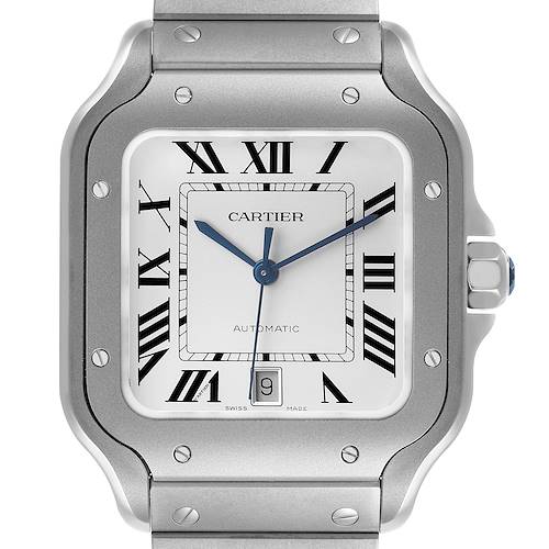 The image shows a Cartier Santos WSSA0089 Men's Titanium Silver Dial watch face from a straight-on angle, highlighting its dial, bezel, and part of the bracelet.