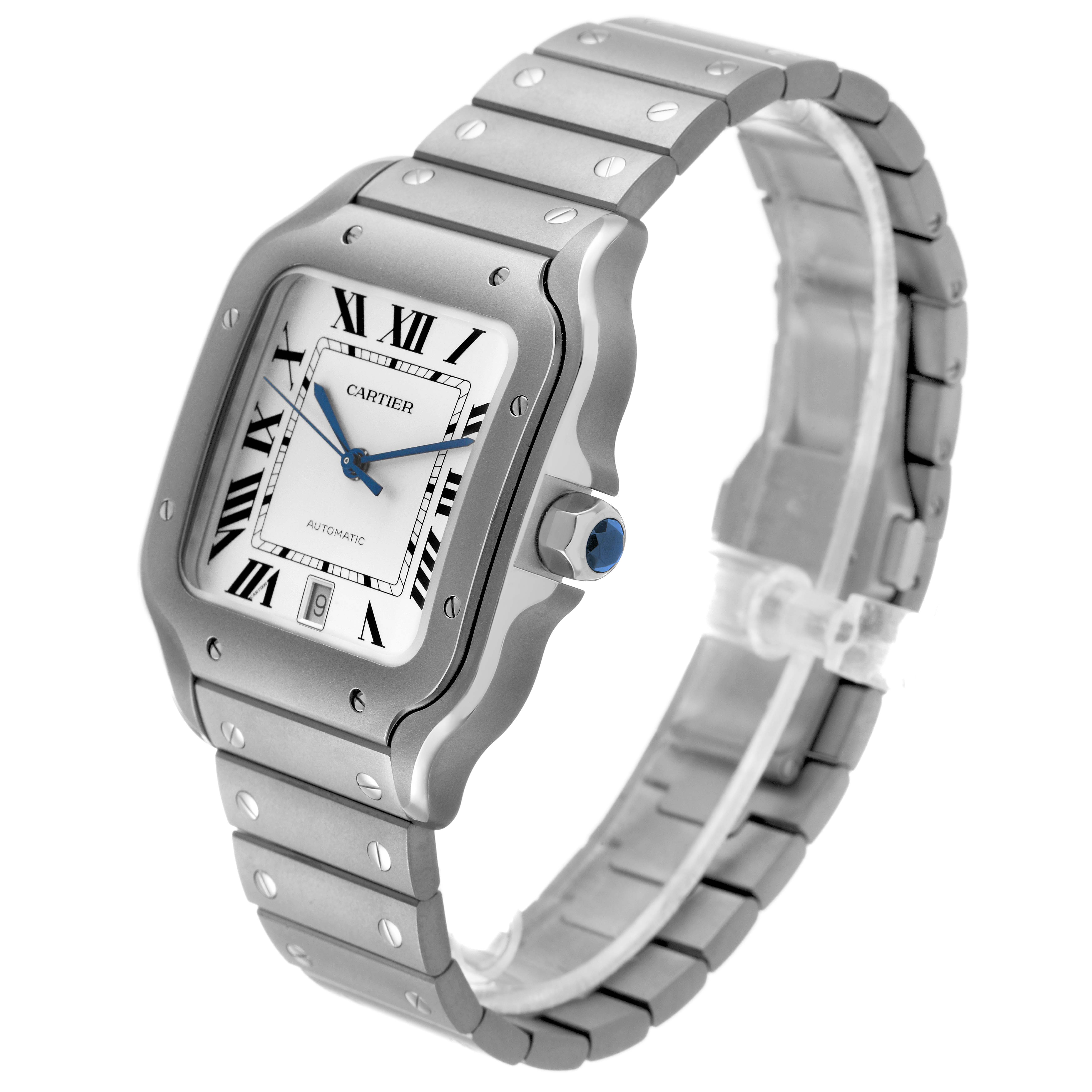 The Cartier Santos WSSA0089 Men's Titanium Silver Dial watch is shown at a three-quarter angle showcasing the face, bezel, and bracelet.