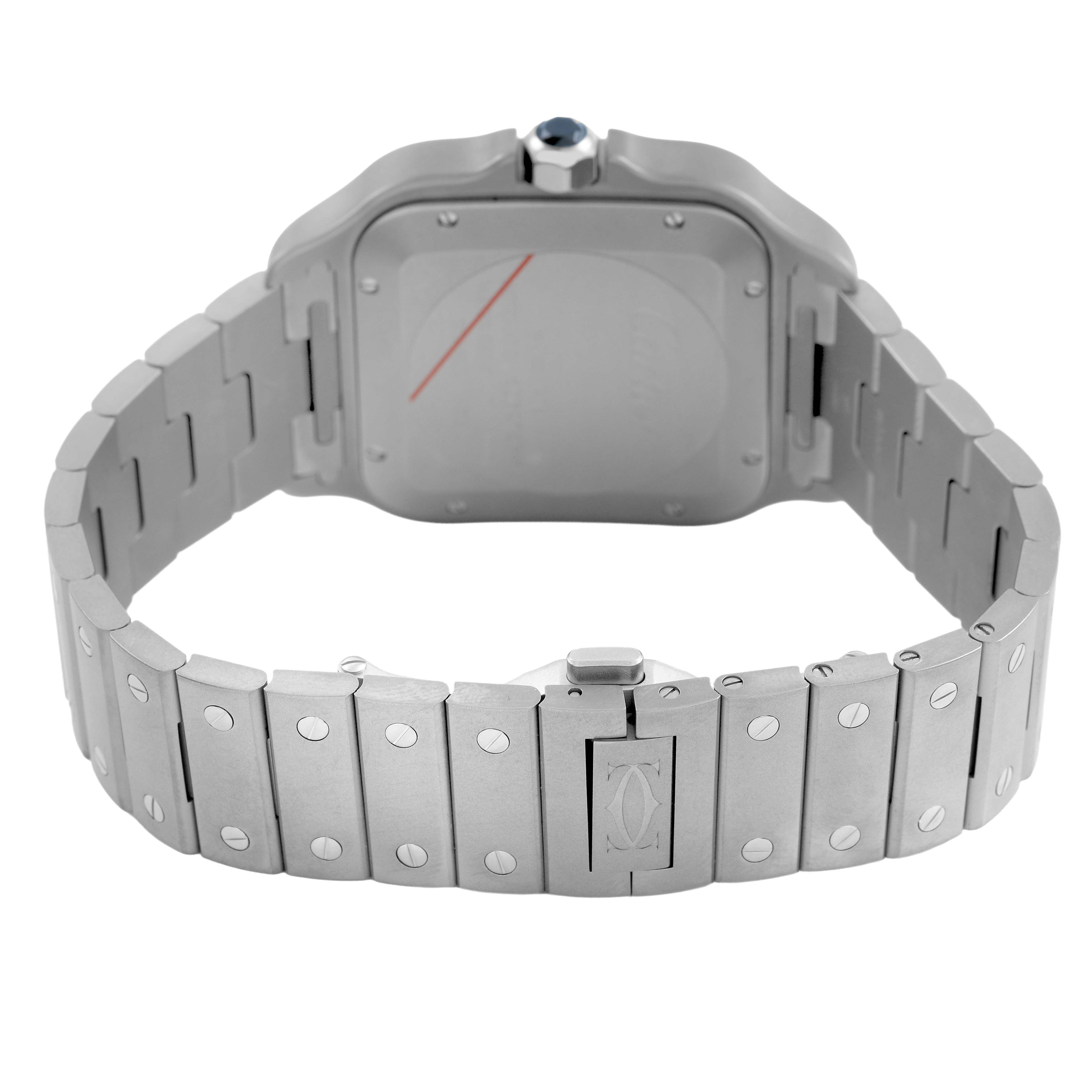 The image shows the back and bracelet of a Cartier Santos WSSA0089 Men's Titanium Silver Dial watch, highlighting the clasp and screw details.
