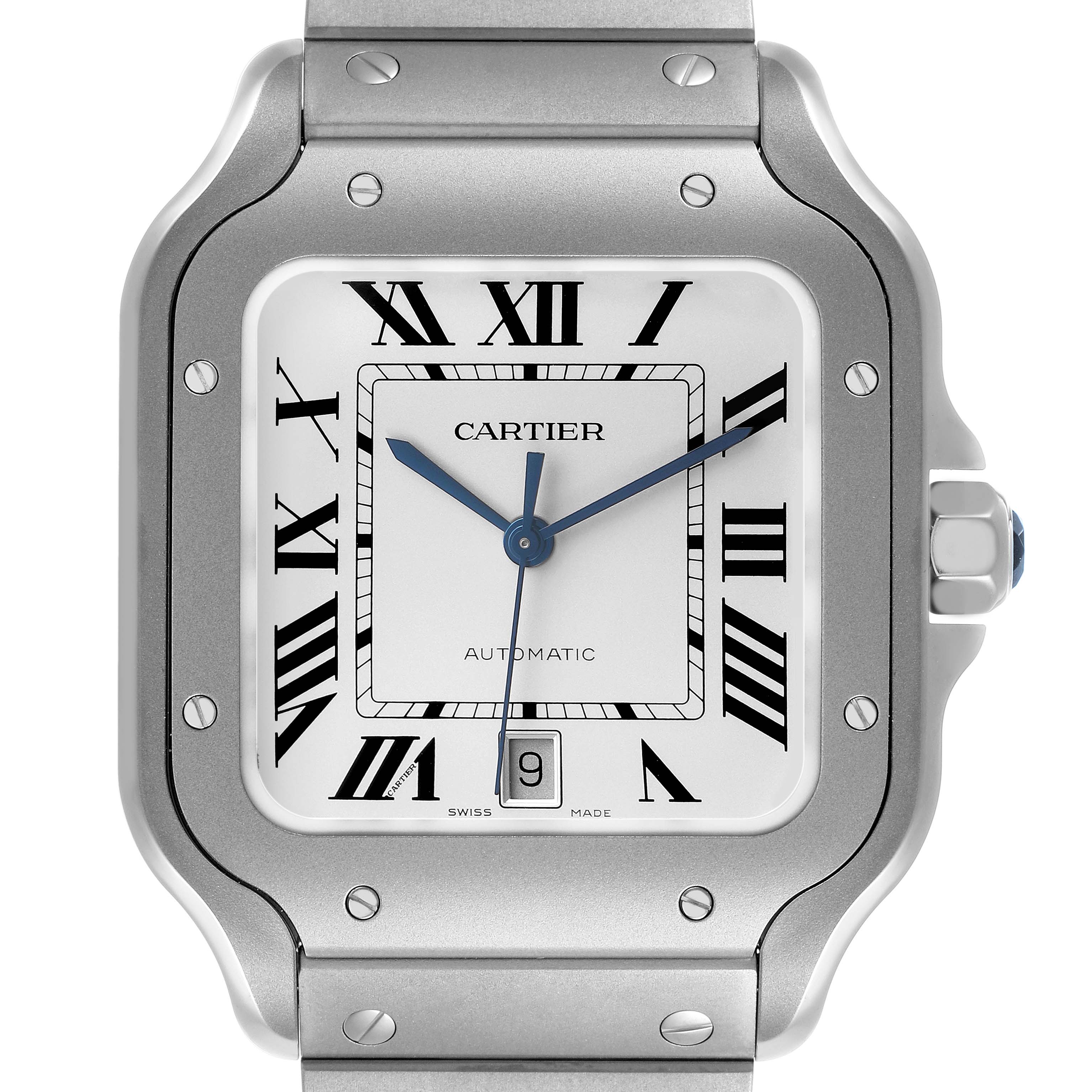 The Cartier Santos WSSA0089 Men's Titanium Silver Dial watch is shown from a front angle, displaying its dial, bracelet, and part of the bezel.