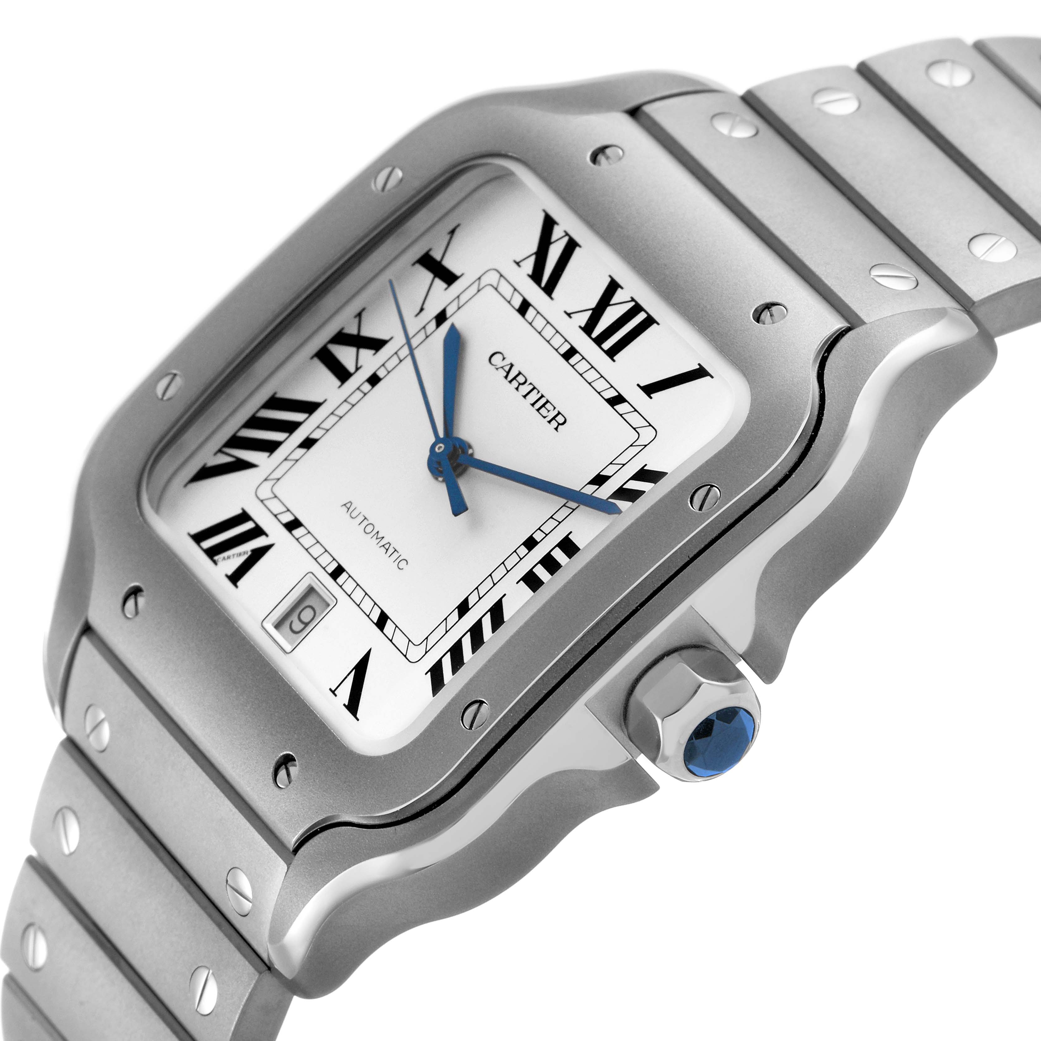 The image shows a close-up of the Cartier Santos WSSA0089 Men's Titanium Silver Dial watch at an angled view, highlighting its face, bezel, and metal strap.