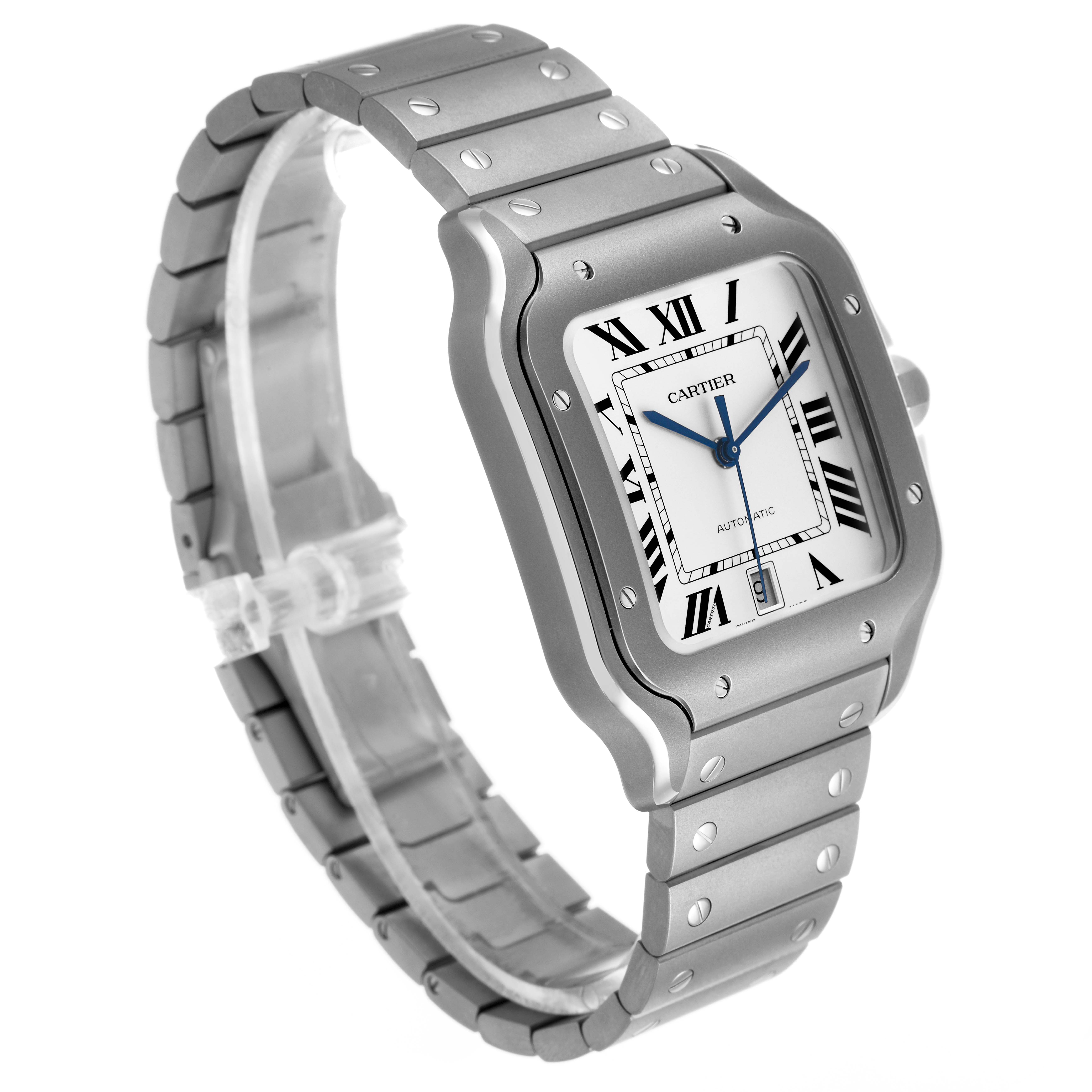 The Cartier Santos WSSA0089 Men's Titanium Silver Dial watch is shown at a slight angle, displaying the face, bezel, and part of the bracelet.