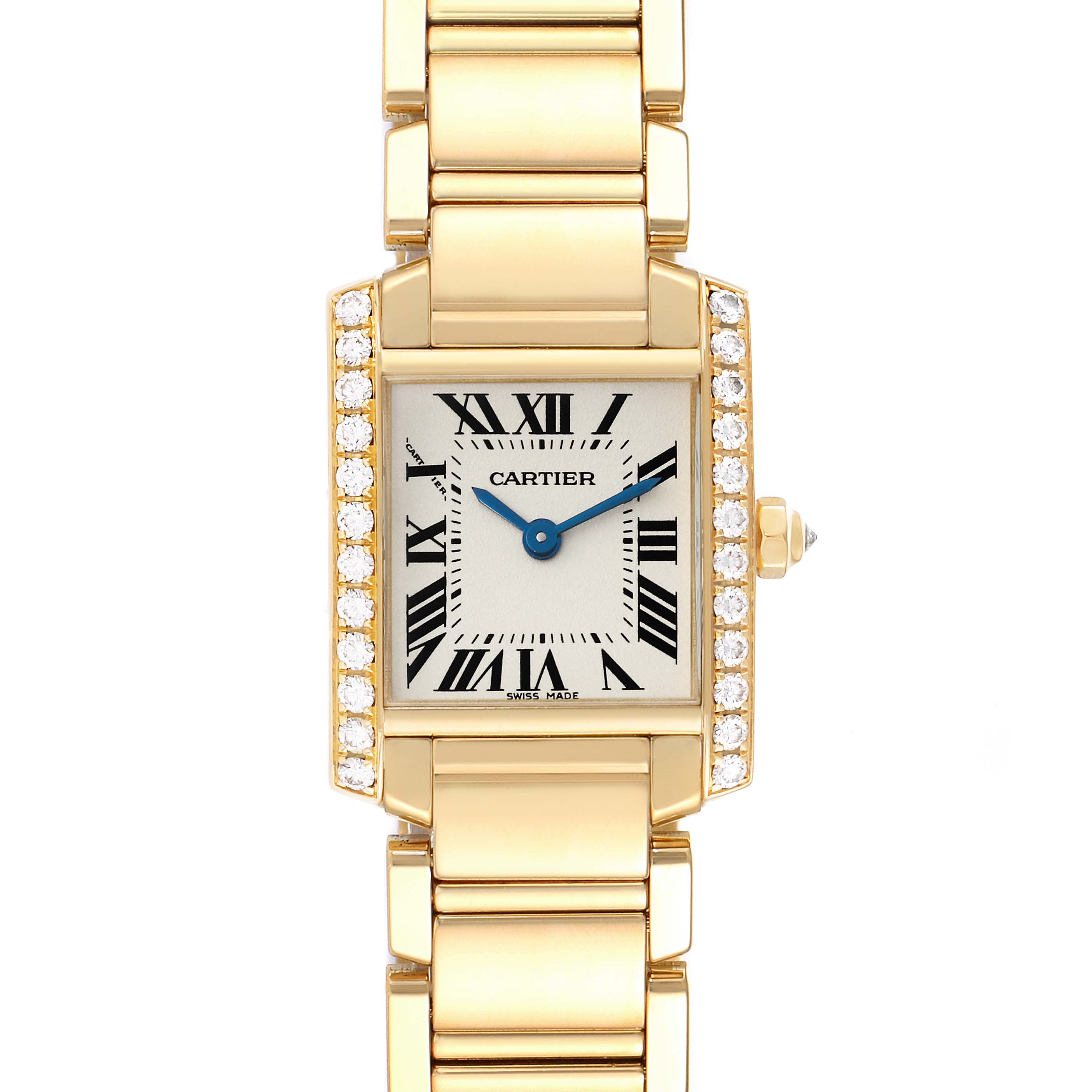 This Cartier Tank Francaise WE1001R8 Women
s Yellow Gold Silver Dial WE1001R8 Women
s Yellow Gold Silver Dial watch is shown from a top-down angle, highlighting the face, bracelet, and diamond-studded sides.