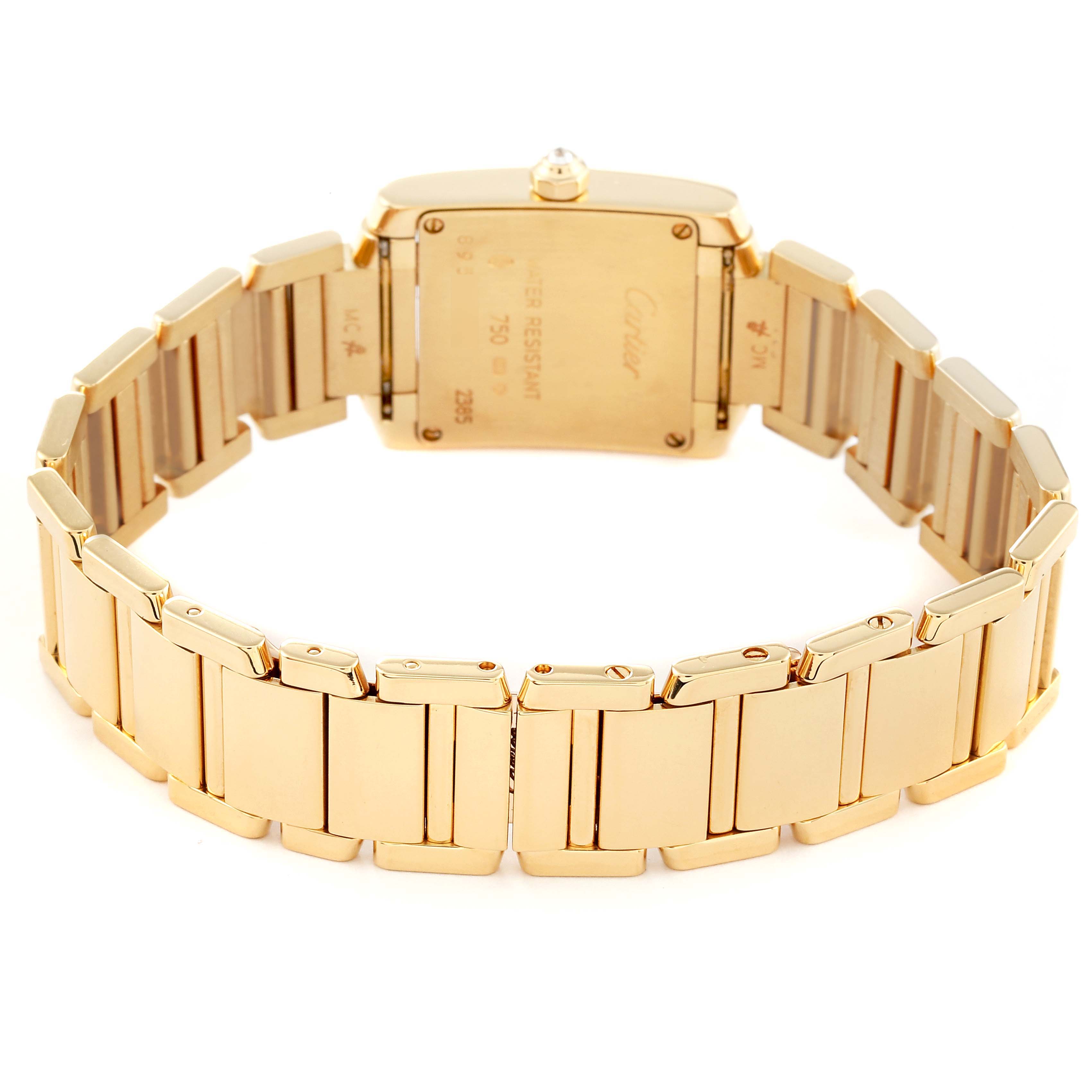 The image shows the reverse angle of a Cartier Tank Francaise WE1001R8 Women
s Yellow Gold Silver Dial WE1001R8 Women
s Yellow Gold Silver Dial watch, highlighting the back plate and gold bracelet.