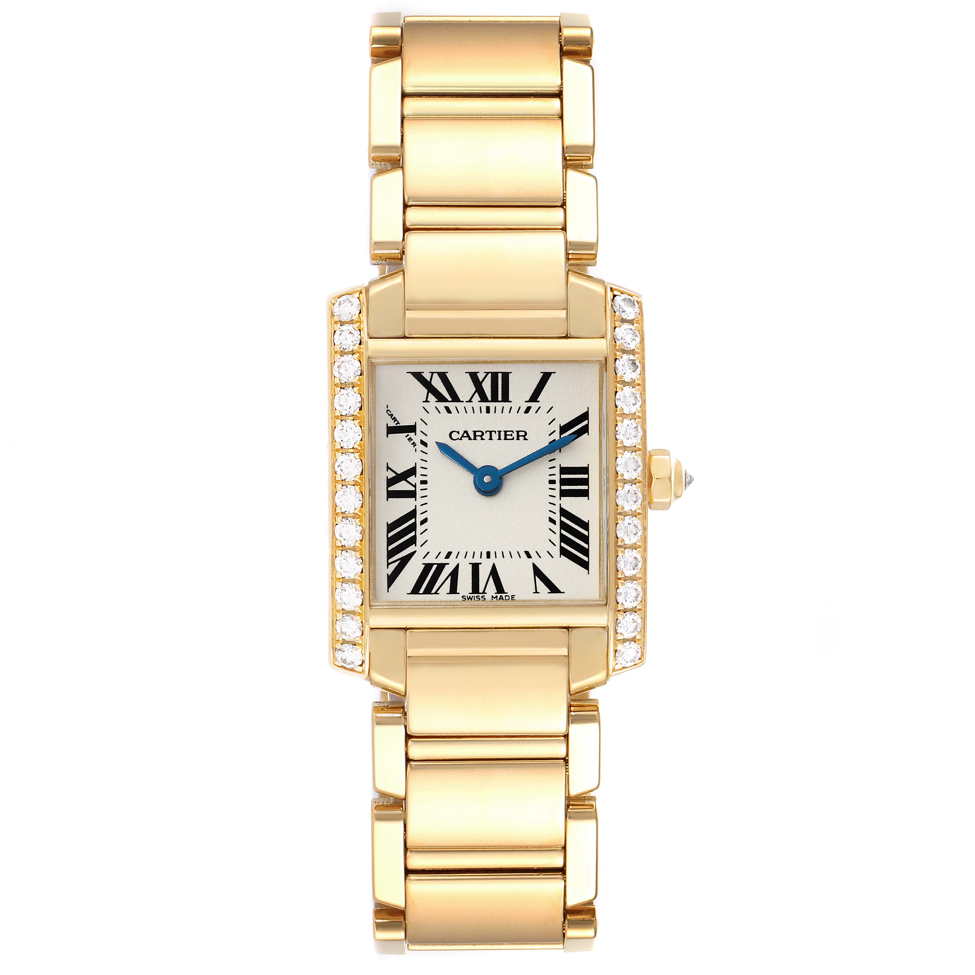 The image shows a front view of the Cartier Tank Francaise WE1001R8 Women
s Yellow Gold Silver Dial WE1001R8 Women
s Yellow Gold Silver Dial watch, highlighting its rectangular face, diamond details, and gold bracelet.