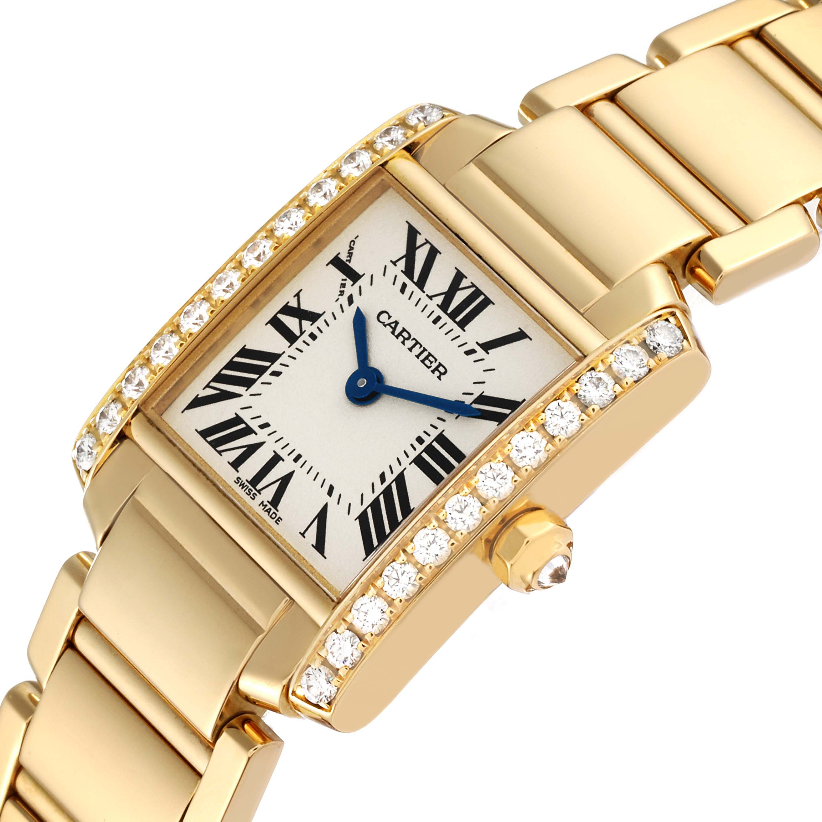 The image shows a close-up angled view of a gold Cartier Tank Francaise WE1001R8 Women
s Yellow Gold Silver Dial WE1001R8 Women
s Yellow Gold Silver Dial watch with a diamond-encrusted bezel and metal bracelet.
