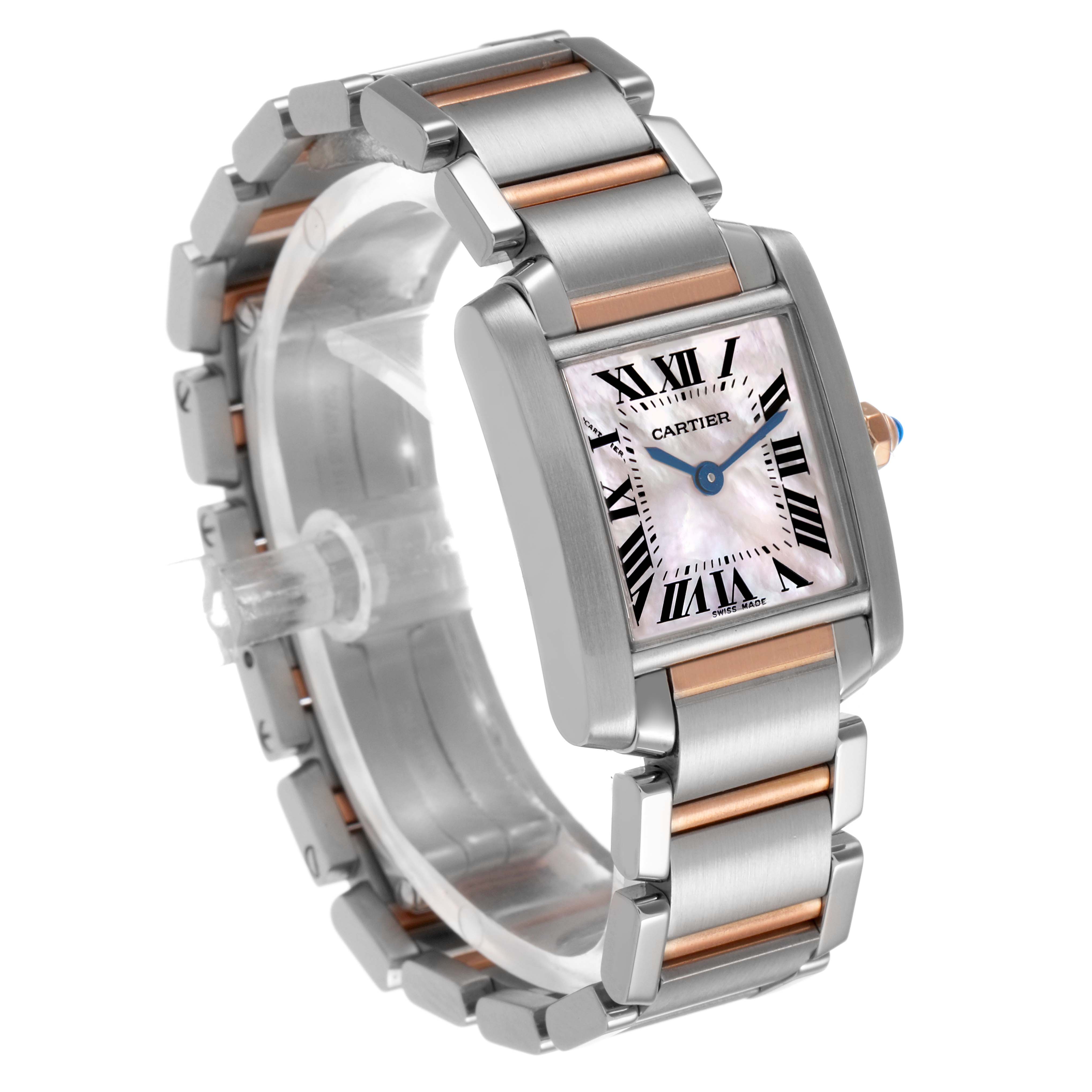 The Cartier Tank Française watch is shown at a three-quarter angle, revealing its face, bracelet, and crown.