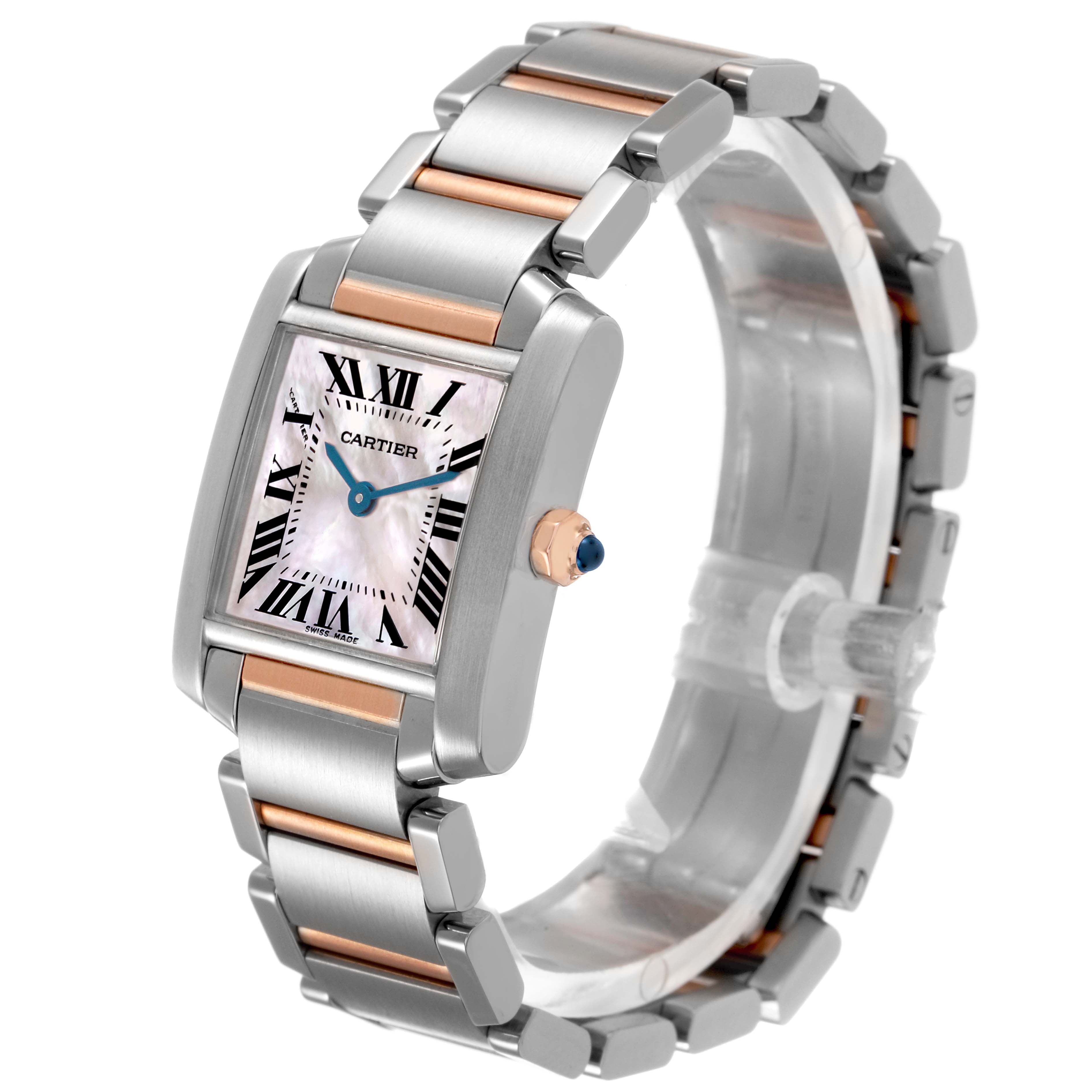 The Cartier Tank Francaise W51027Q4 Women's Stainless Steel Mother of Pearl Dial watch is shown at a slight angle, displaying its face, case, bracelet, and crown.