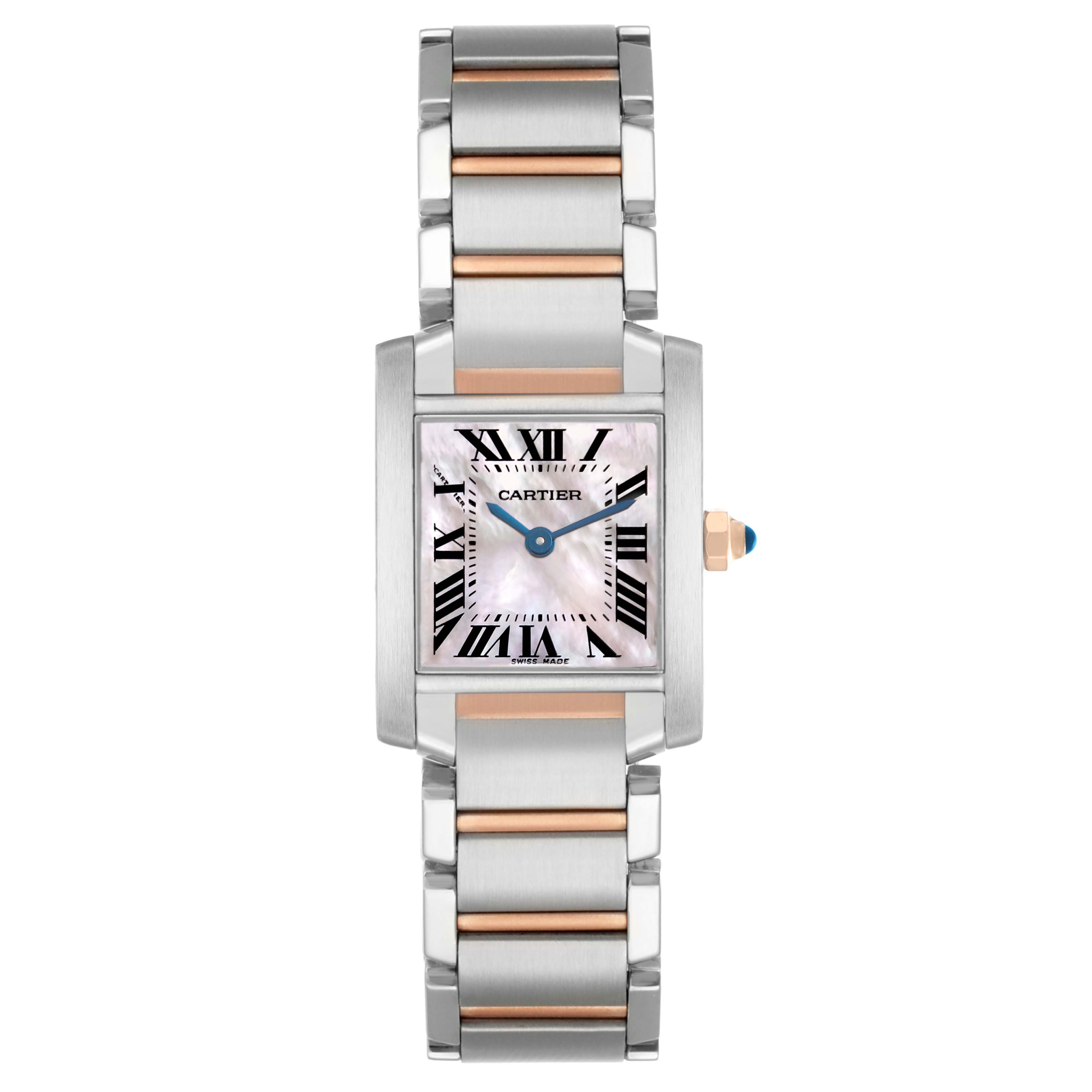 The Cartier Tank Française watch is shown from a top view, highlighting its face, bracelet, and side crown.