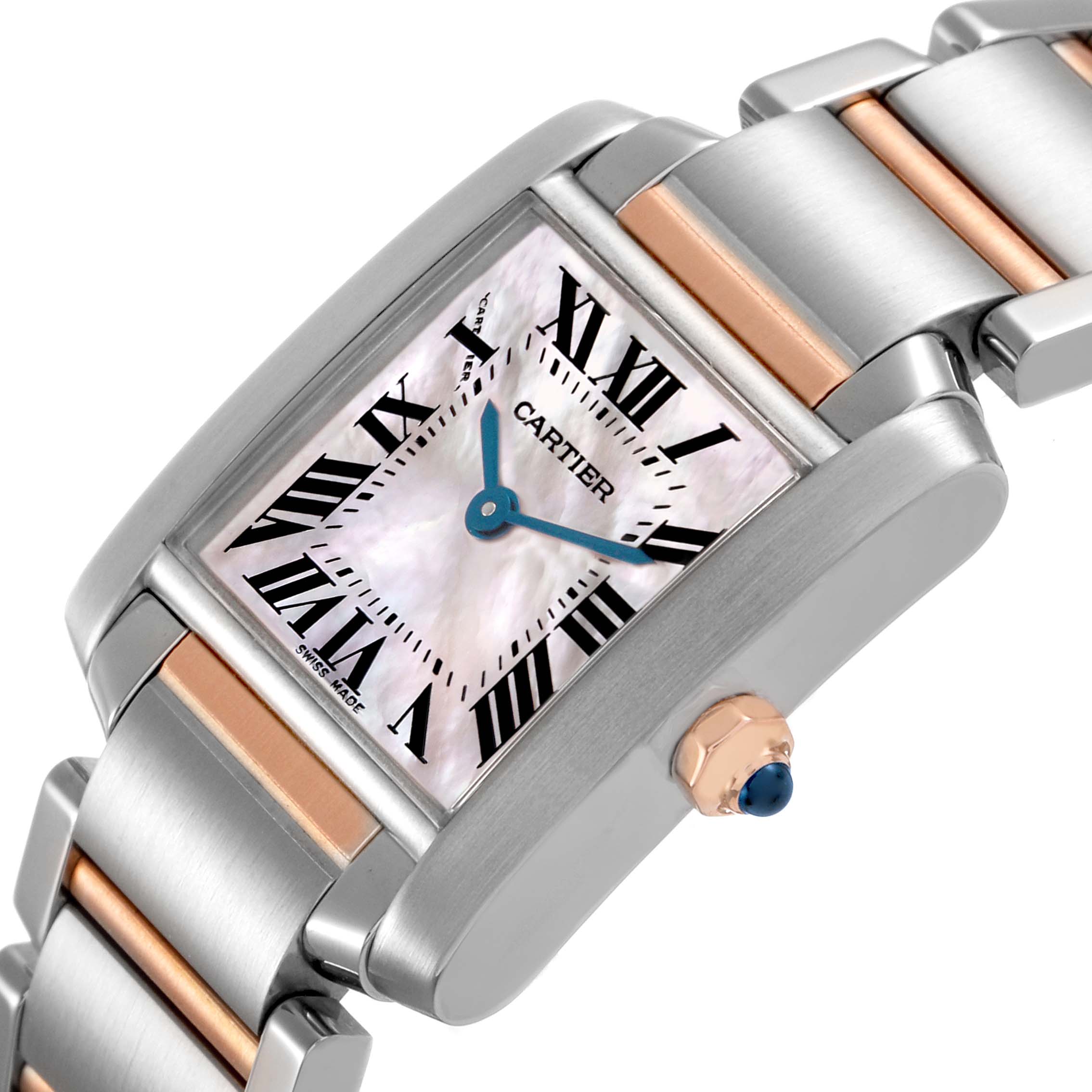 The Cartier Tank Francaise W51027Q4 Women's Stainless Steel Mother of Pearl Dial watch is shown at an angled close-up, highlighting the dial, crown, and part of the bracelet.