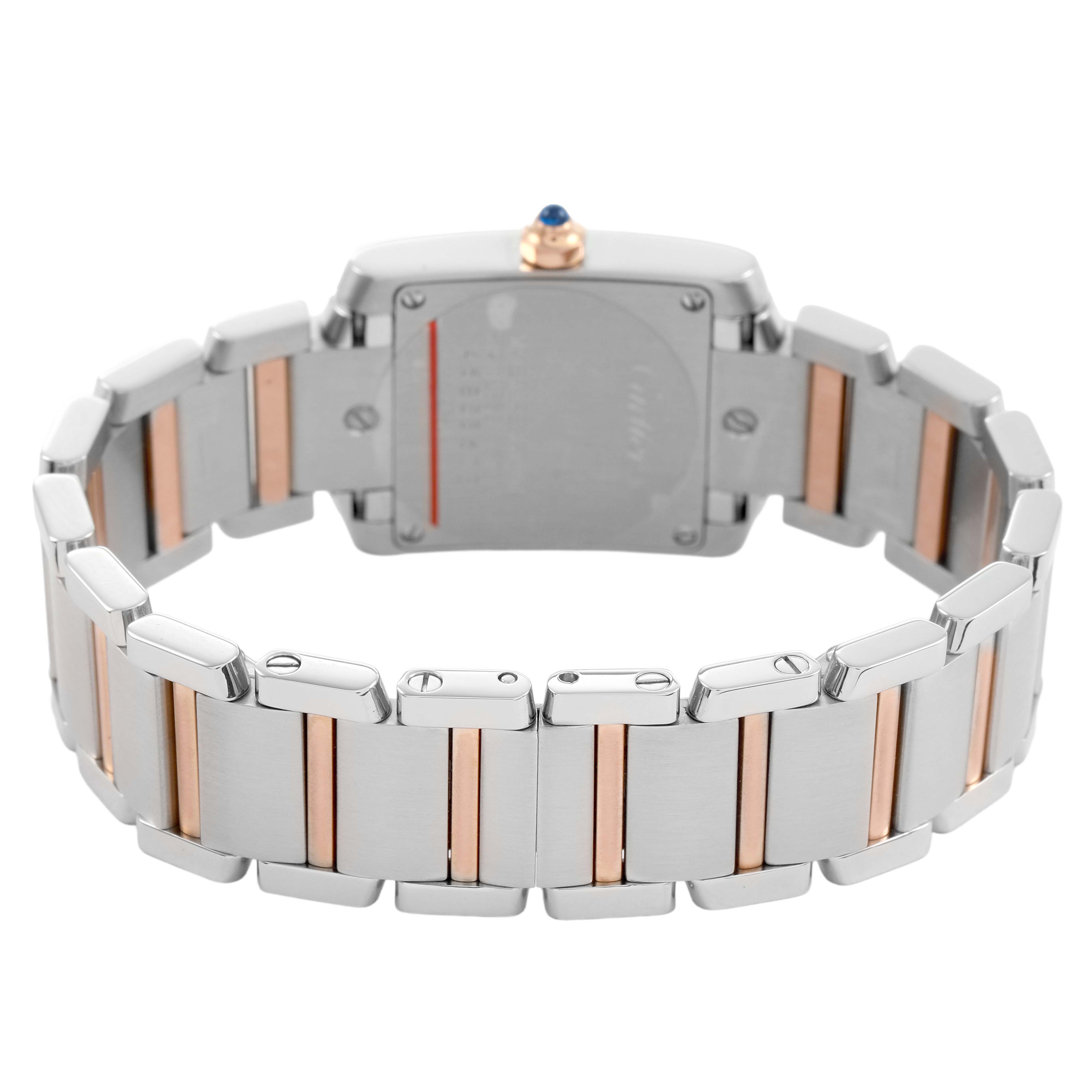 The Cartier Tank Francaise W51027Q4 Women's Stainless Steel Mother of Pearl Dial watch is shown from the back, highlighting the bracelet and case back.