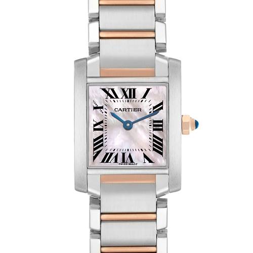 The Cartier Tank Française watch is shown face-on, highlighting the dial, bezel, and bracelet.