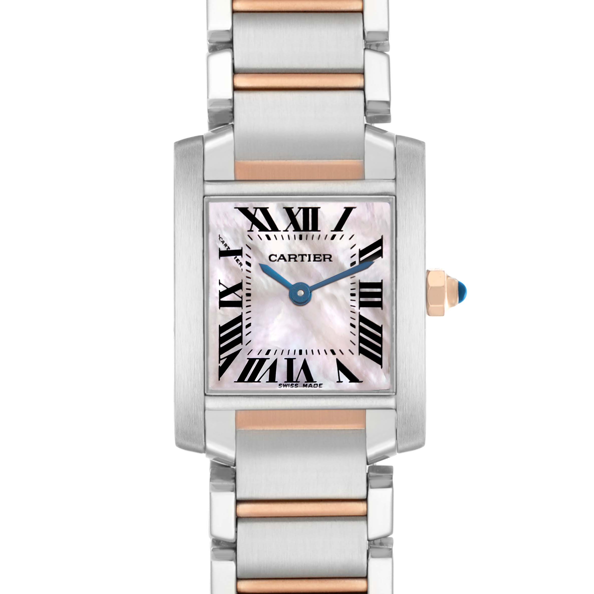 The Cartier Tank Française watch is shown from a front angle, displaying its face, case, and part of the bracelet.