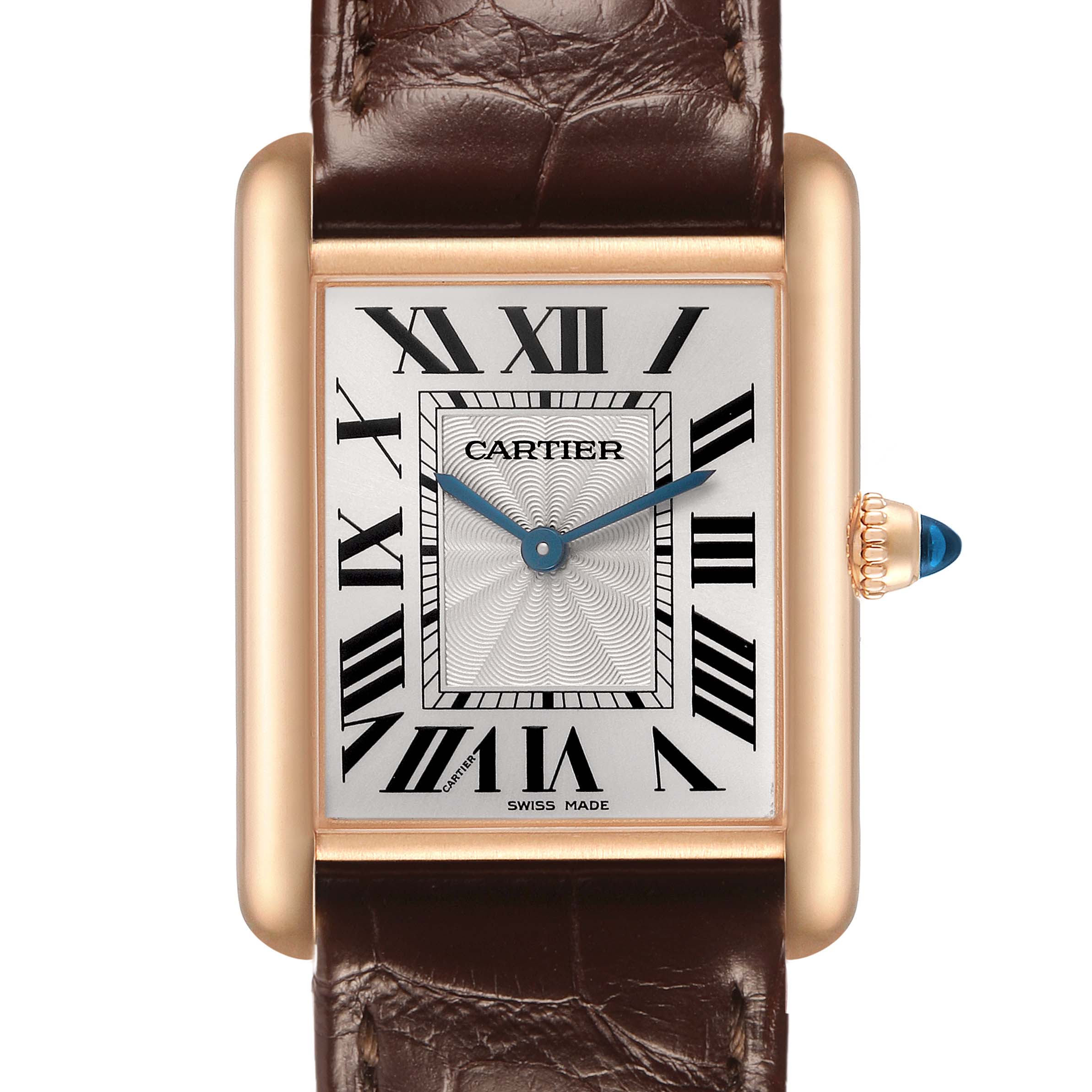 The image shows a frontal view of the Cartier Tank Louis WGTA0011 Men's Rose Gold Silver Dial watch, highlighting its rectangular dial, Roman numerals, and brown leather strap.