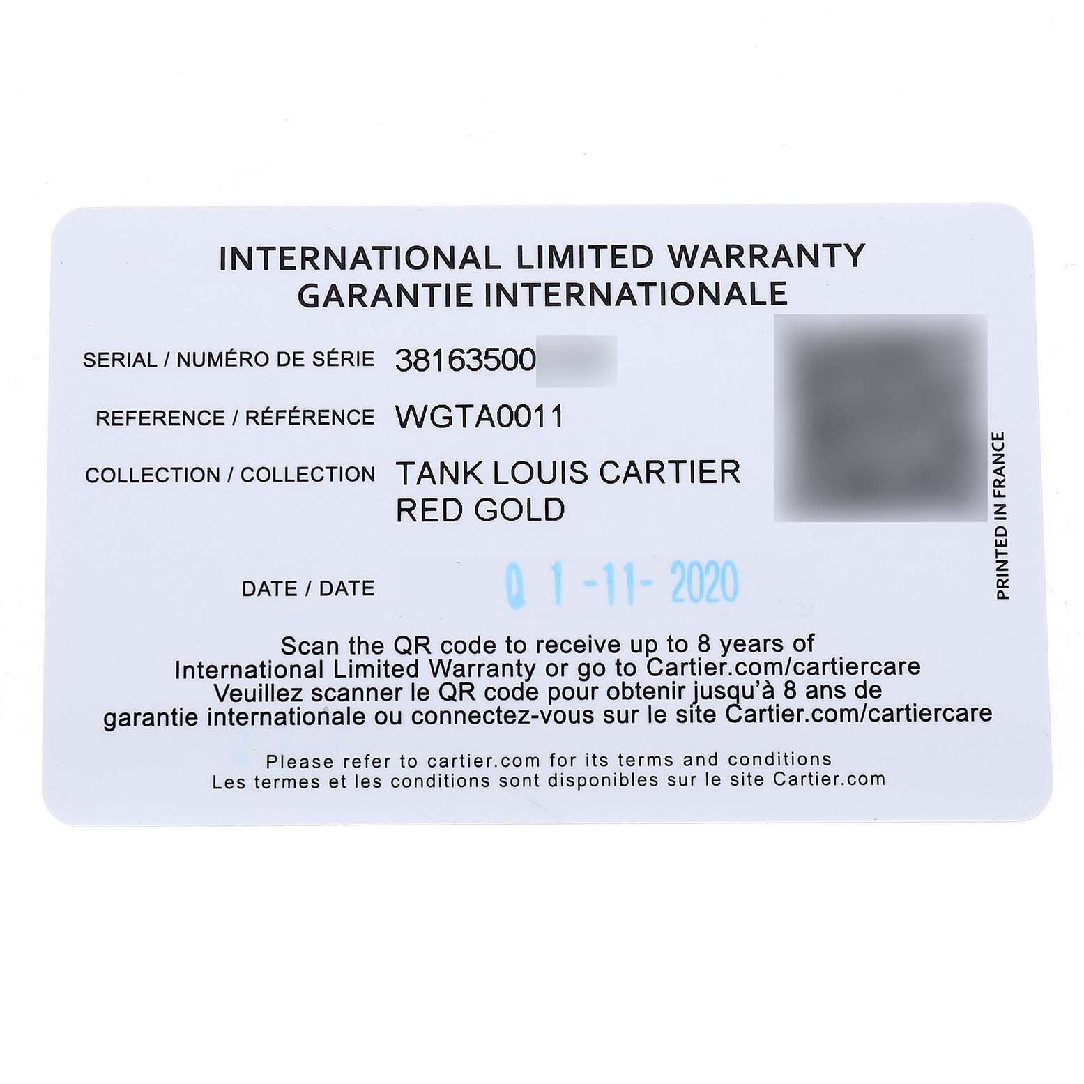 The image shows an International Limited Warranty card for a Tank Louis model by Cartier.