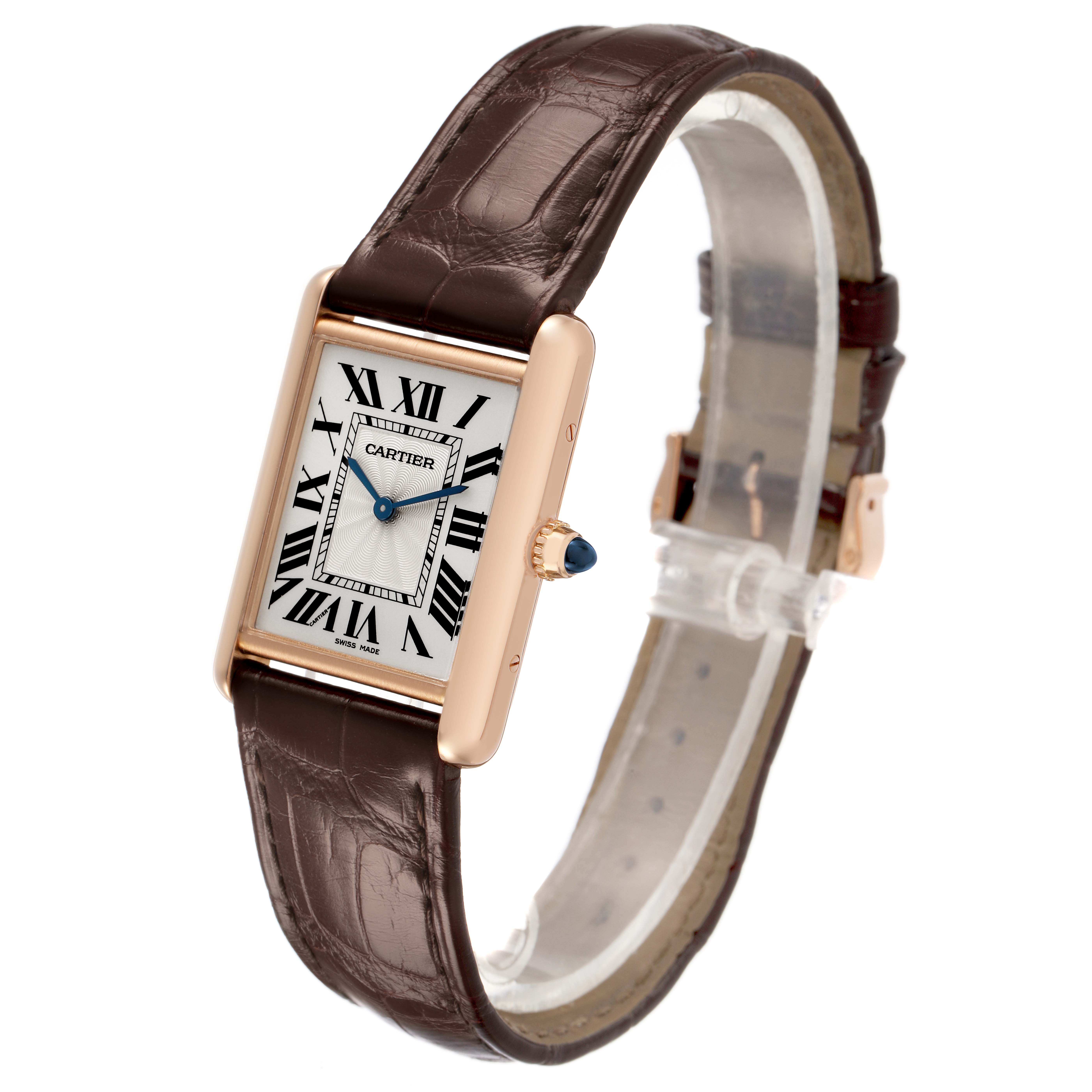 The Cartier Tank Louis WGTA0011 Men's Rose Gold Silver Dial watch is shown at a three-quarter angle, highlighting its rectangular face, Roman numerals, and leather strap.