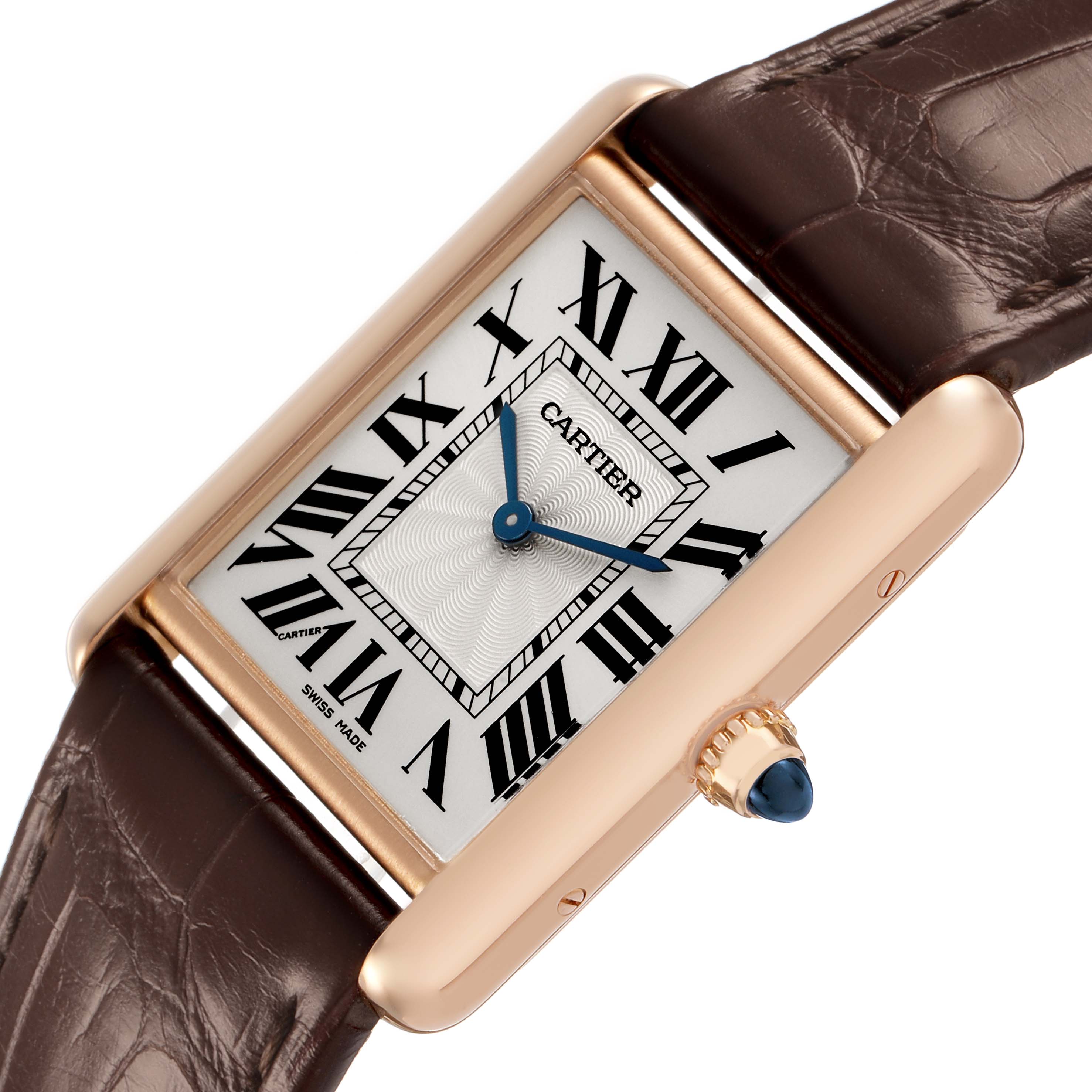 The Cartier Tank Louis WGTA0011 Men's Rose Gold Silver Dial watch is shown at an angled close-up, highlighting the dial, crown, and part of the brown strap.