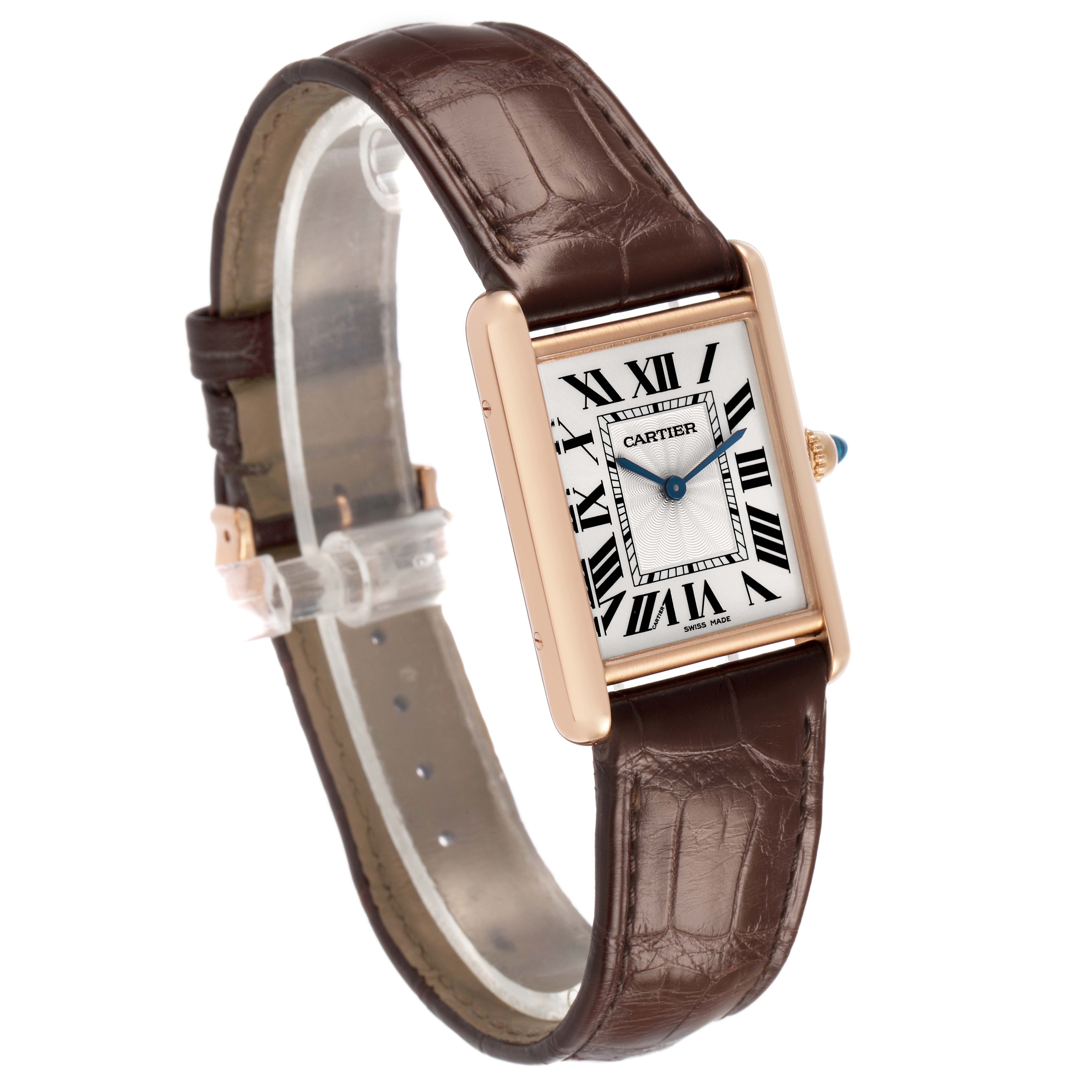 The image shows a Cartier Tank Louis WGTA0011 Men's Rose Gold Silver Dial watch at a three-quarter angle, highlighting the face, Roman numerals, and brown leather strap.